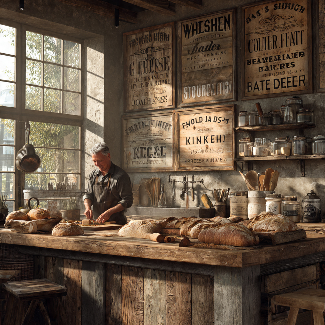 rustic kitchen with reclaimed wood signage featuri