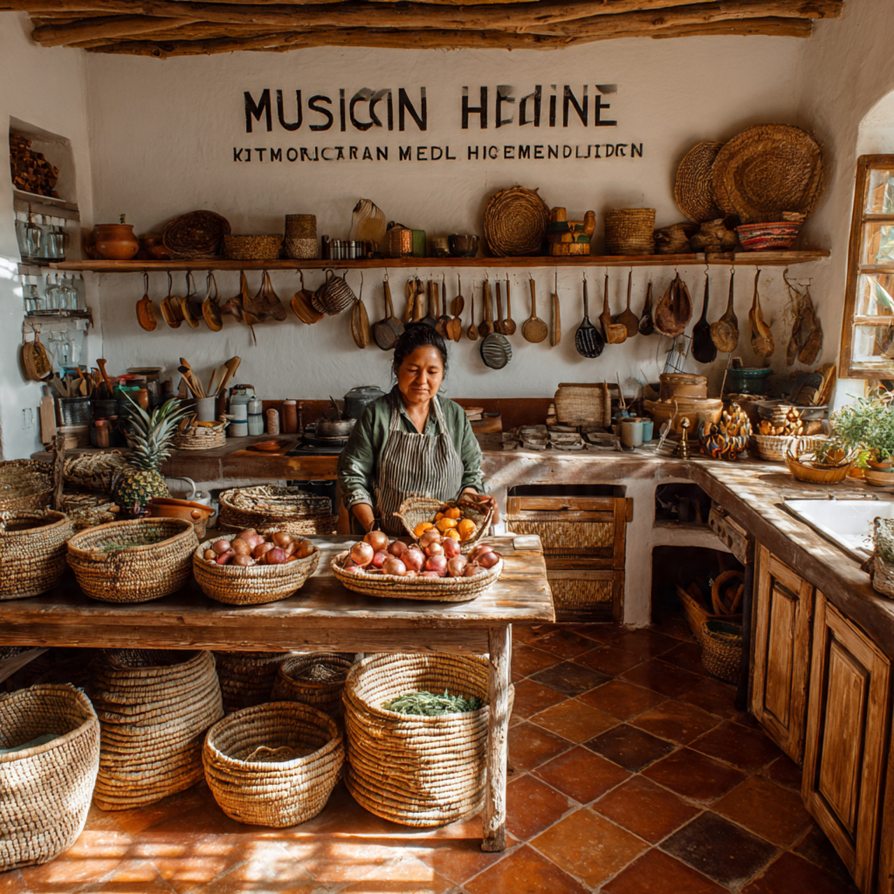 rustic mexican kitchen with hand woven palm and se