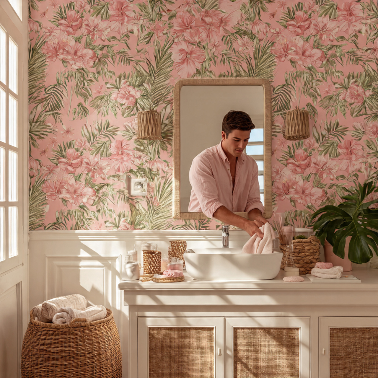 25 Trendy Pink Bathroom Decor Ideas for a Bold Transformation 15 small bathroom with large scale tropical floral pi