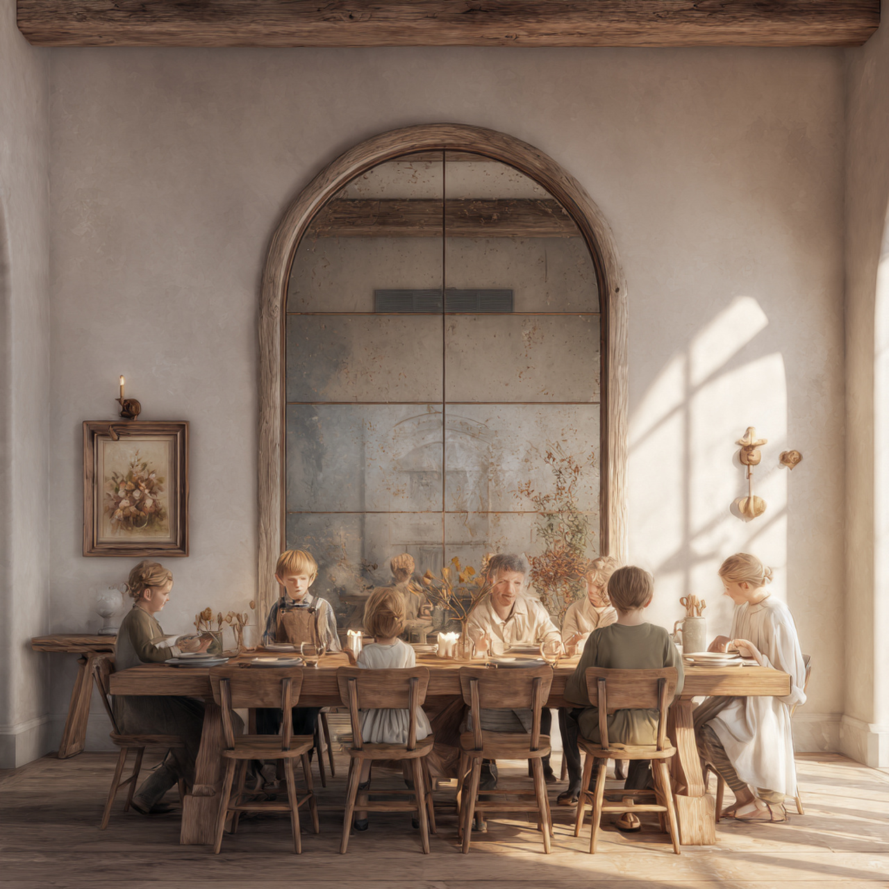 spacious farmhouse dining room featuring an oversi