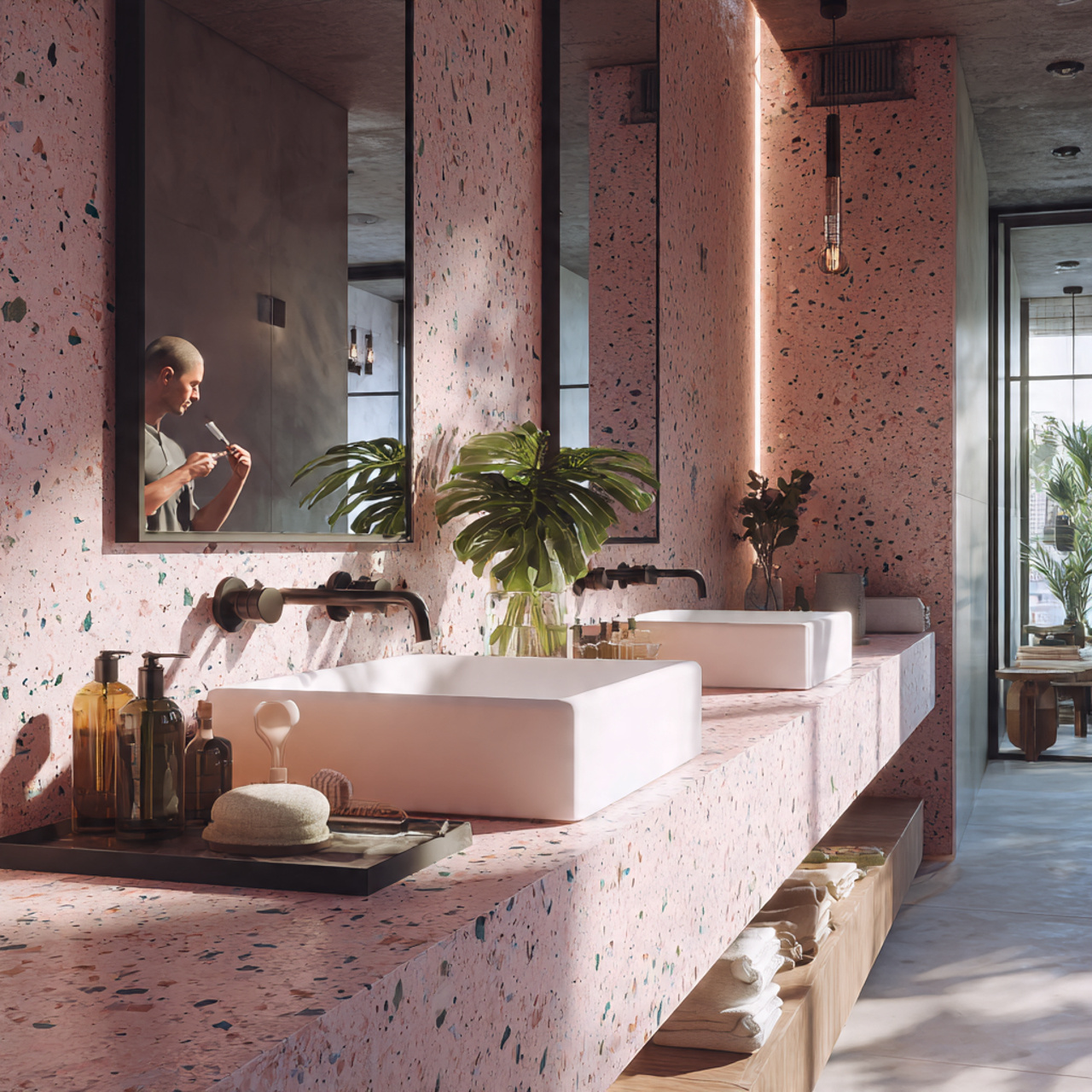 25 Trendy Pink Bathroom Decor Ideas for a Bold Transformation 9 stylish bathroom with terrazzo pink countertops fe