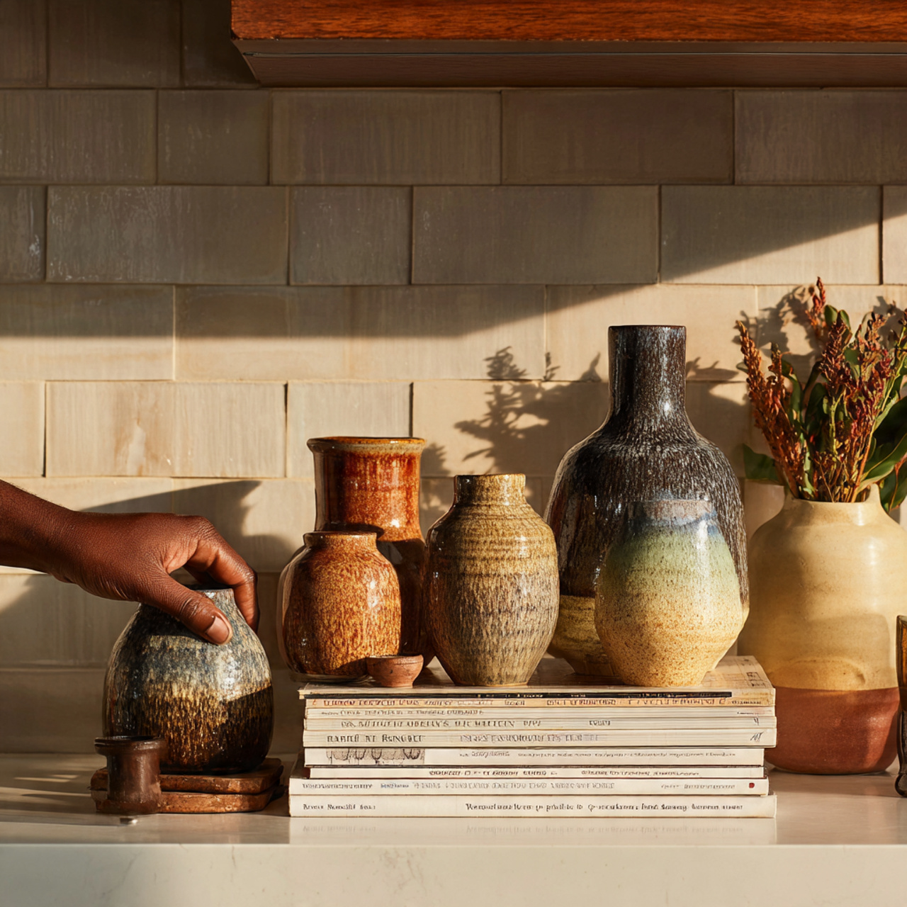 stylish kitchen counter displaying 35 pieces of ar