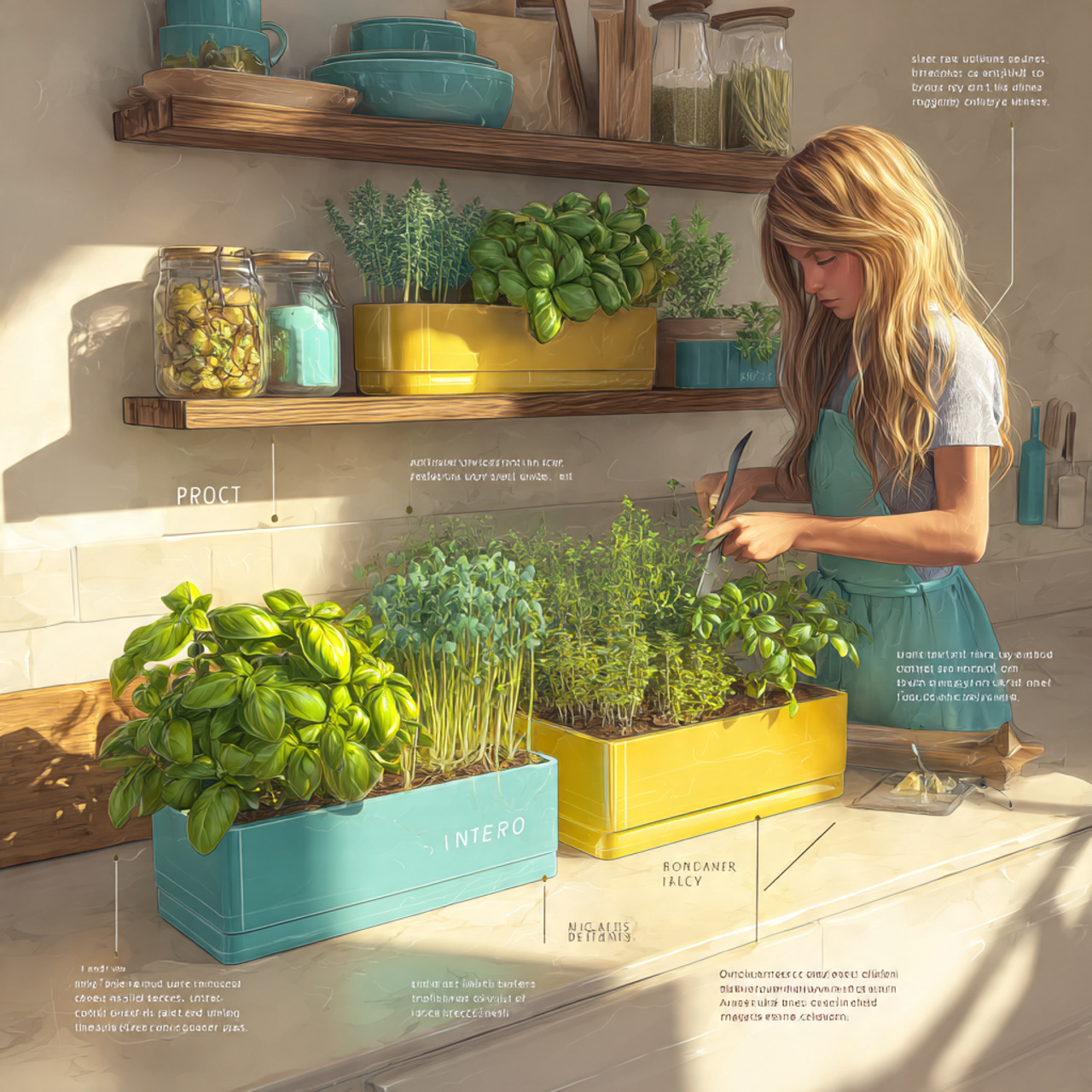 sunlit kitchen countertop with vibrant herb plante