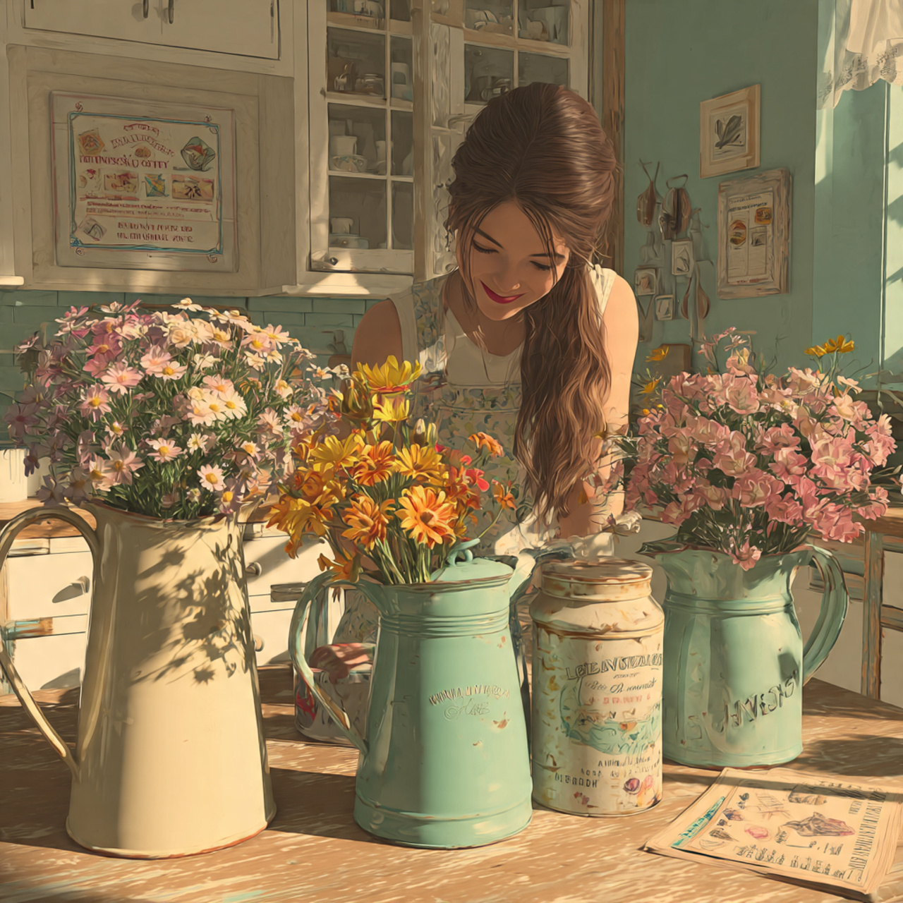 sunlit kitchen table with enamelware pitchers fill