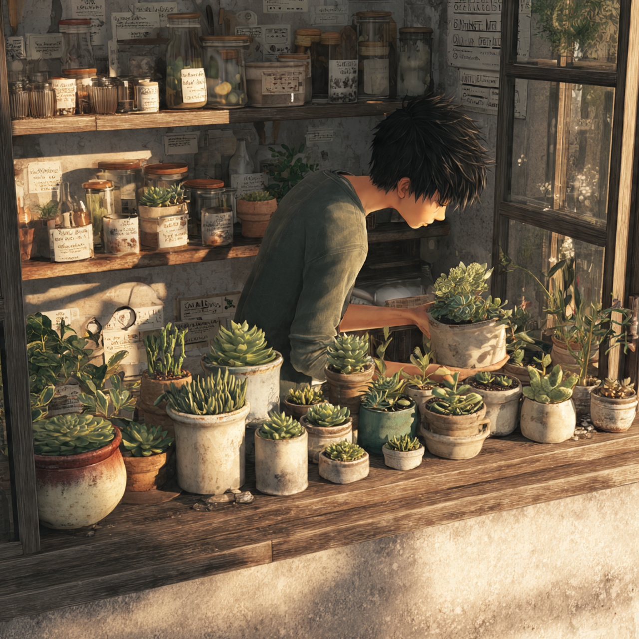 sunlit kitchen windowsill filled with tiny succule