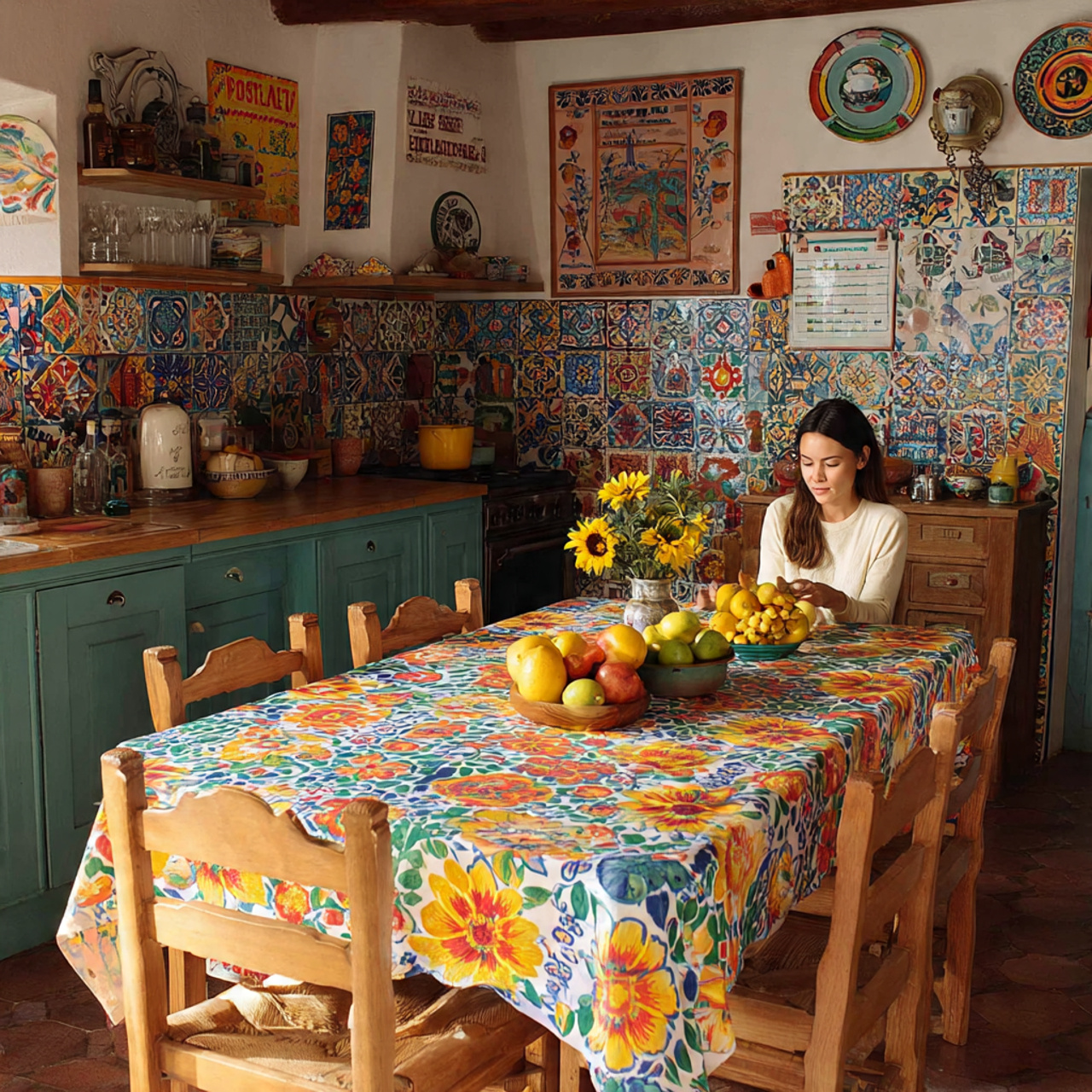 sunlit mexican kitchen with a wooden dining table