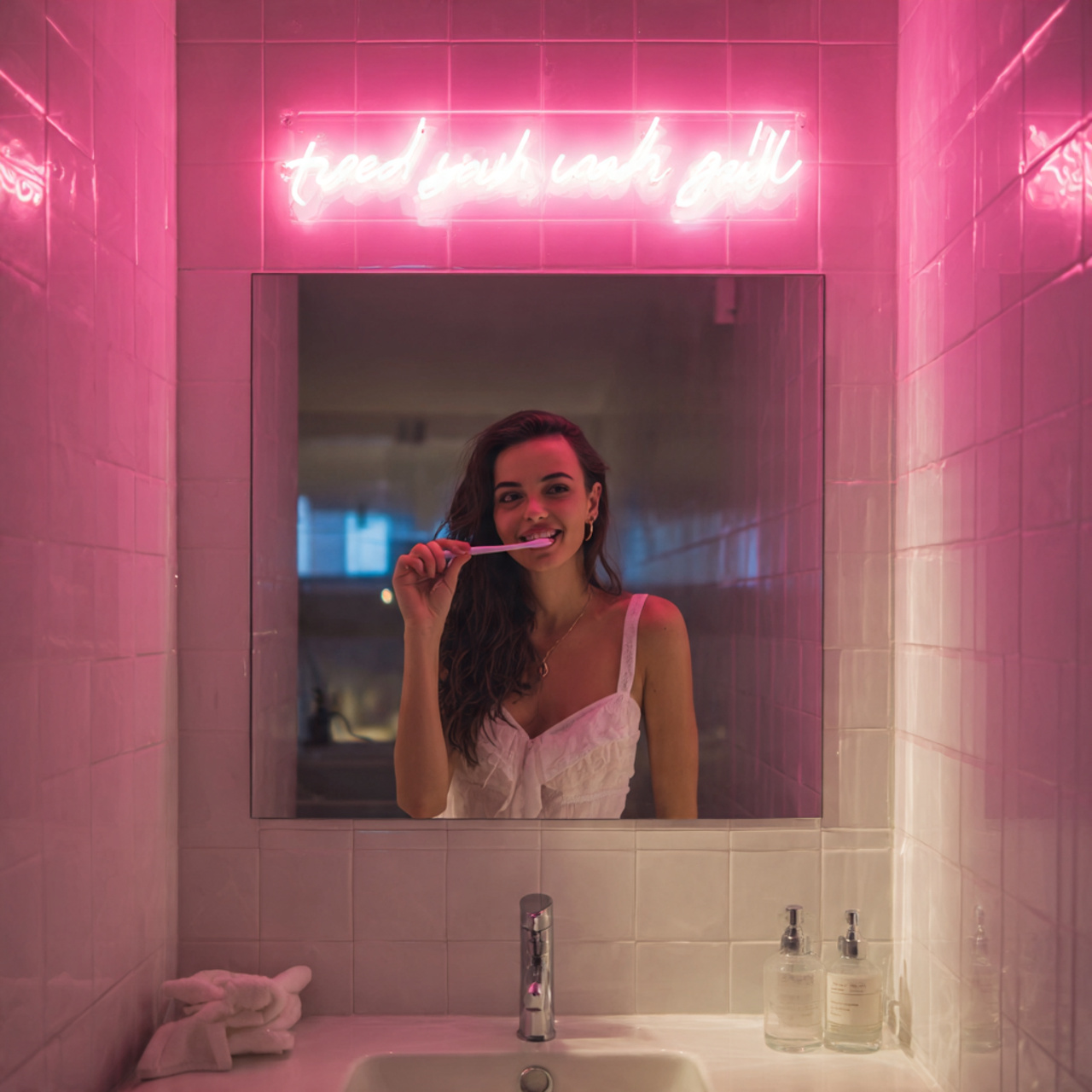 trendy modern bathroom featuring bathroom wall dec