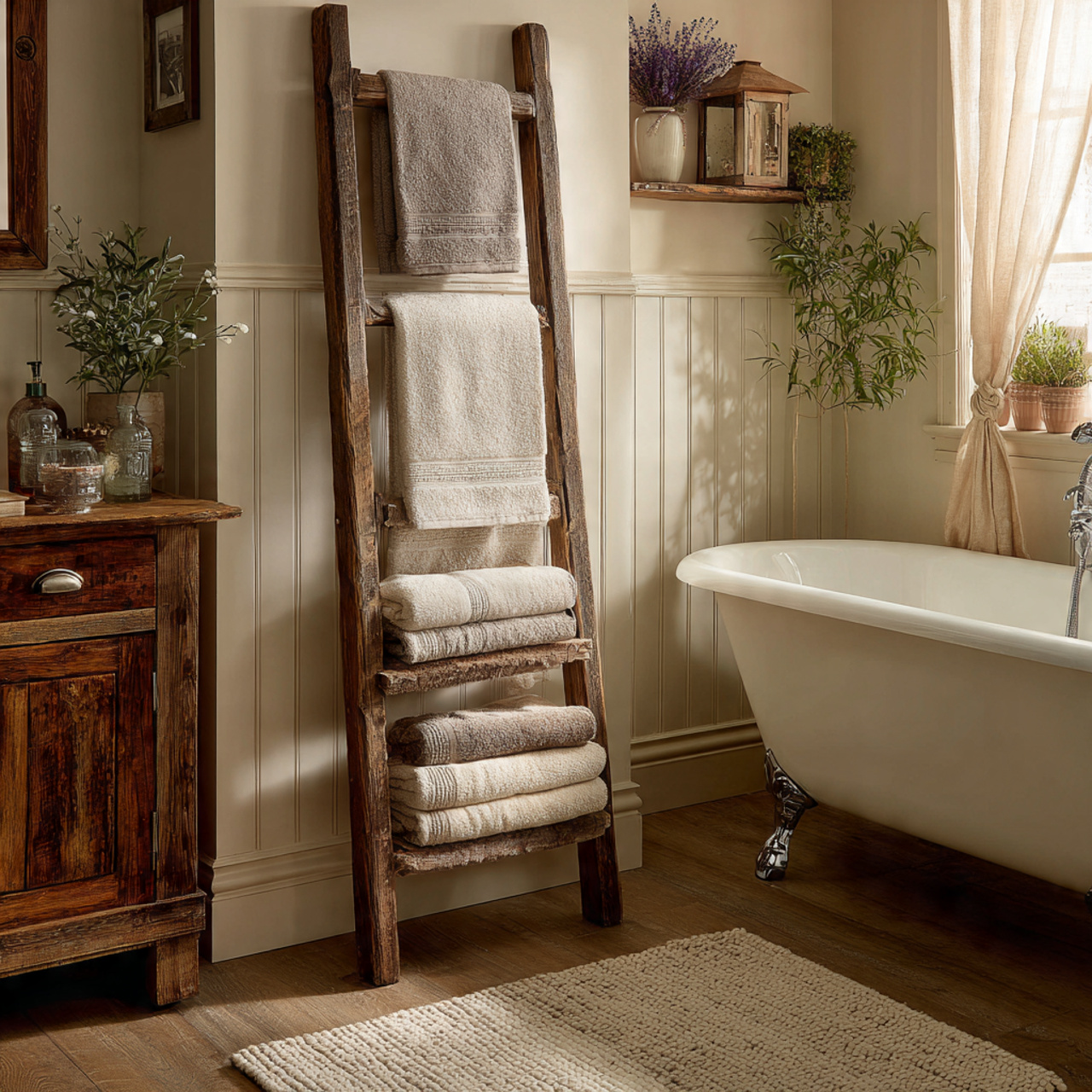 ultra realistic bathroom featuring a rustic wooden