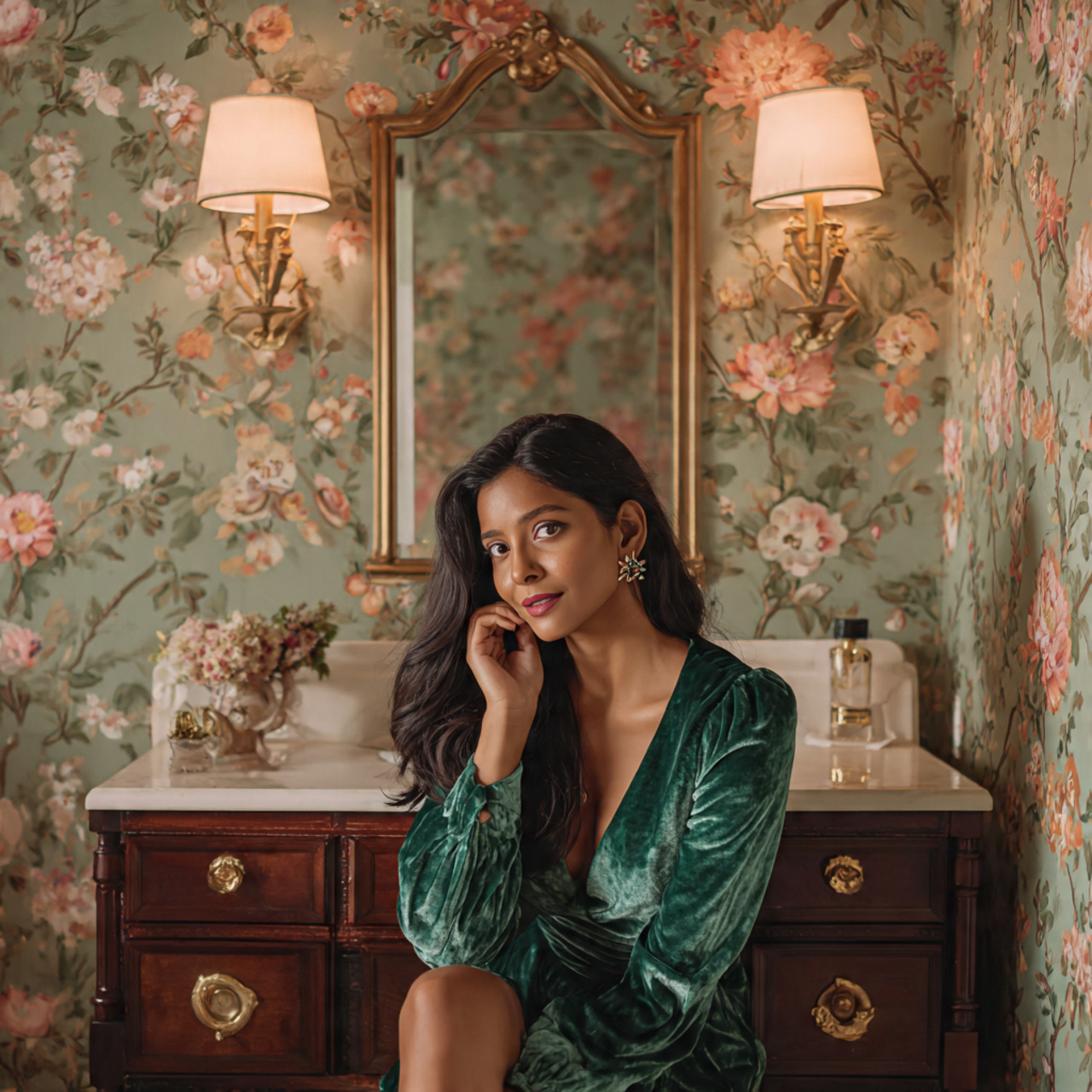 ultra realistic bathroom scene with a jewel toned