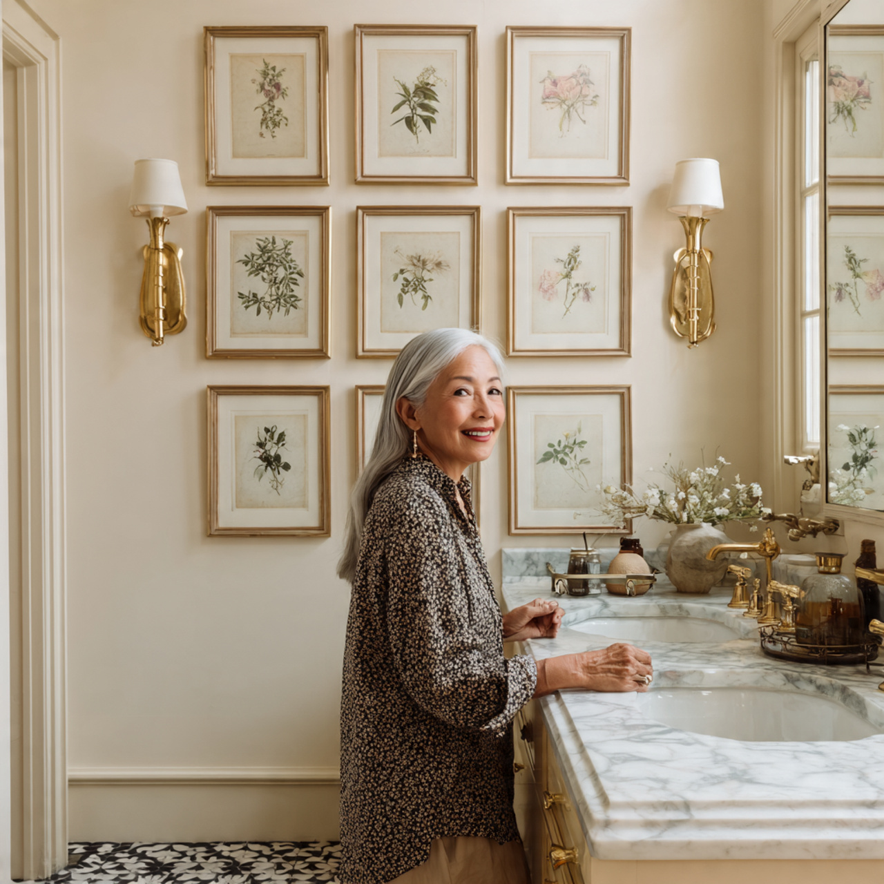 ultra realistic bathroom with a grid of framed bot
