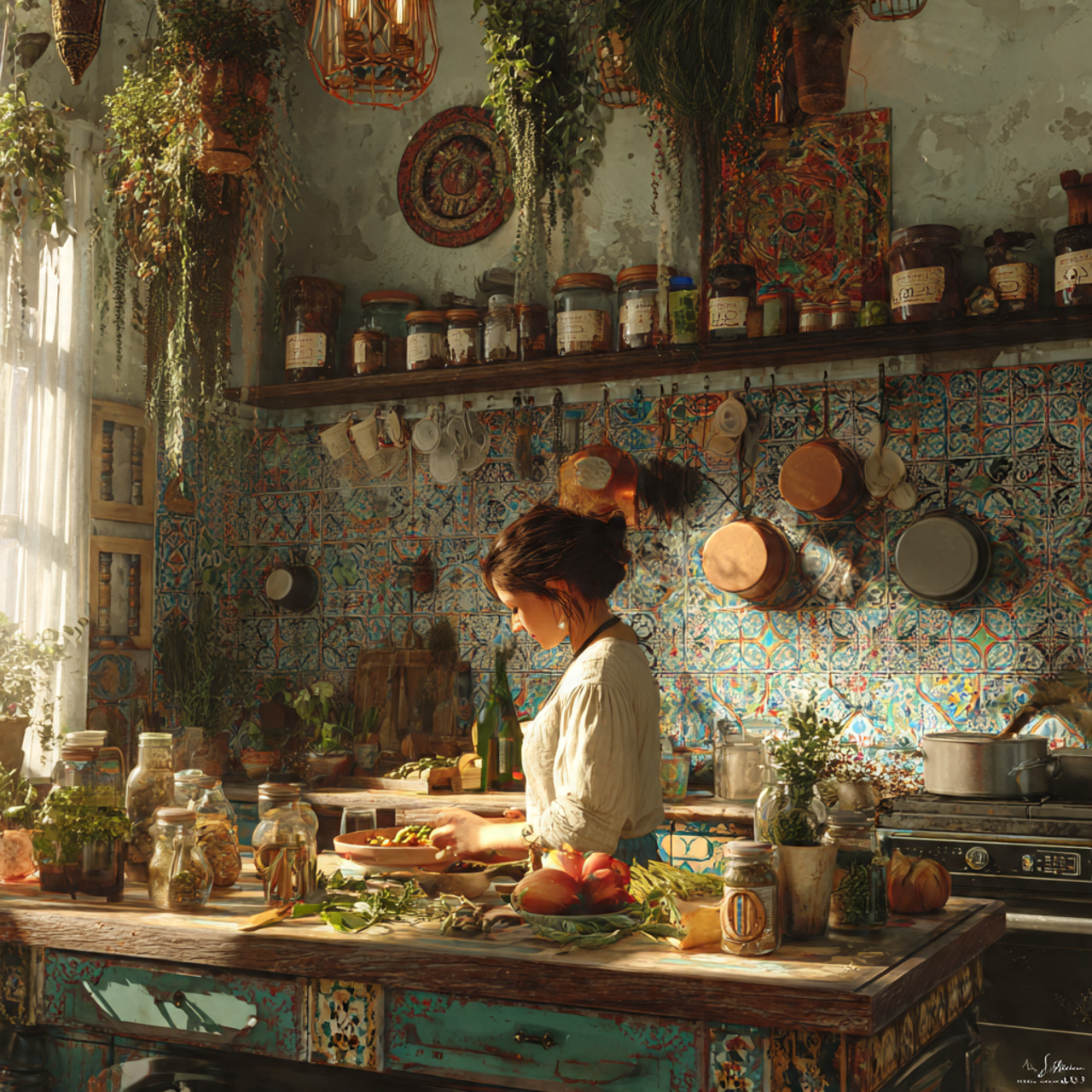 ultra realistic bohemian eclectic kitchen decor in