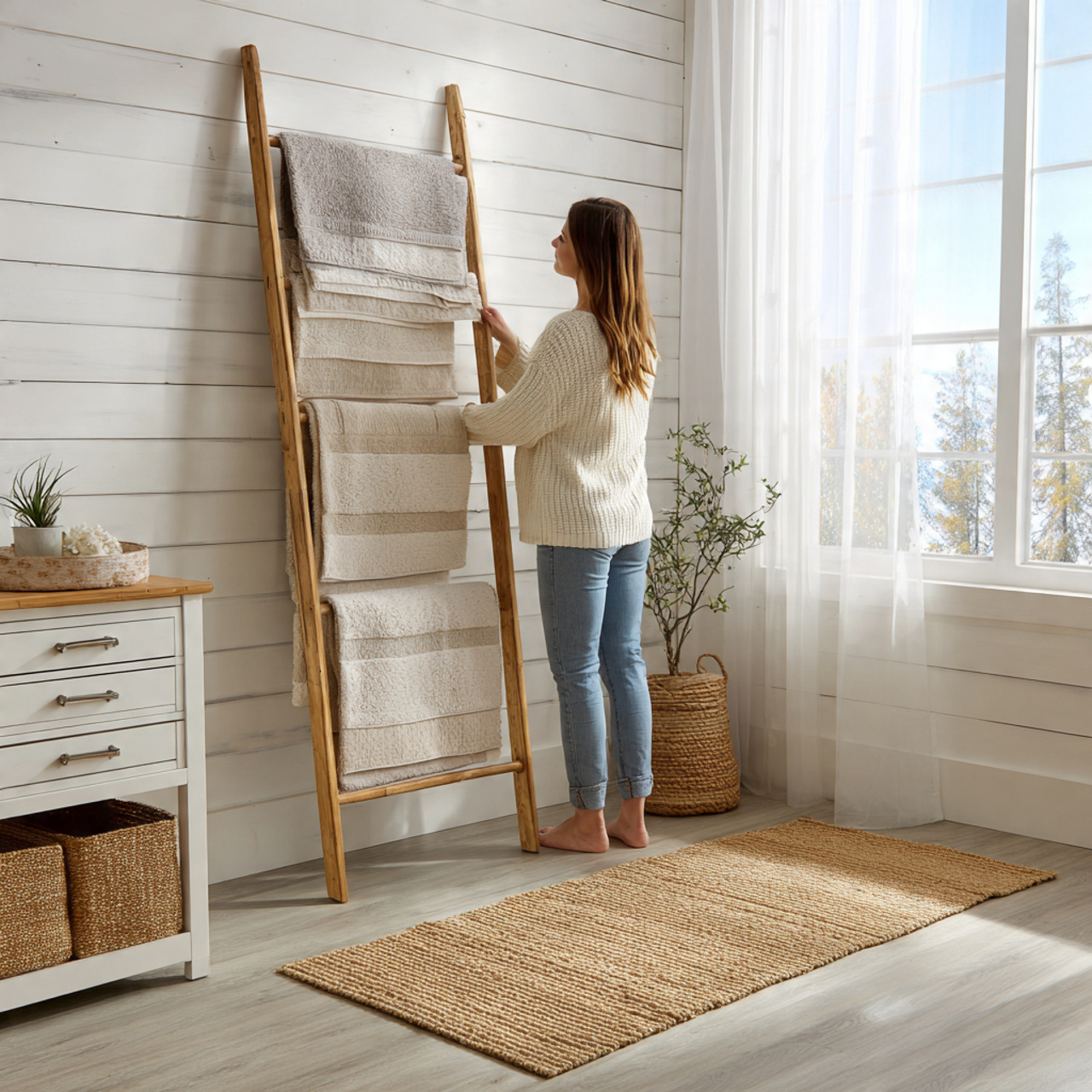 ultra realistic bright farmhouse bathroom interior