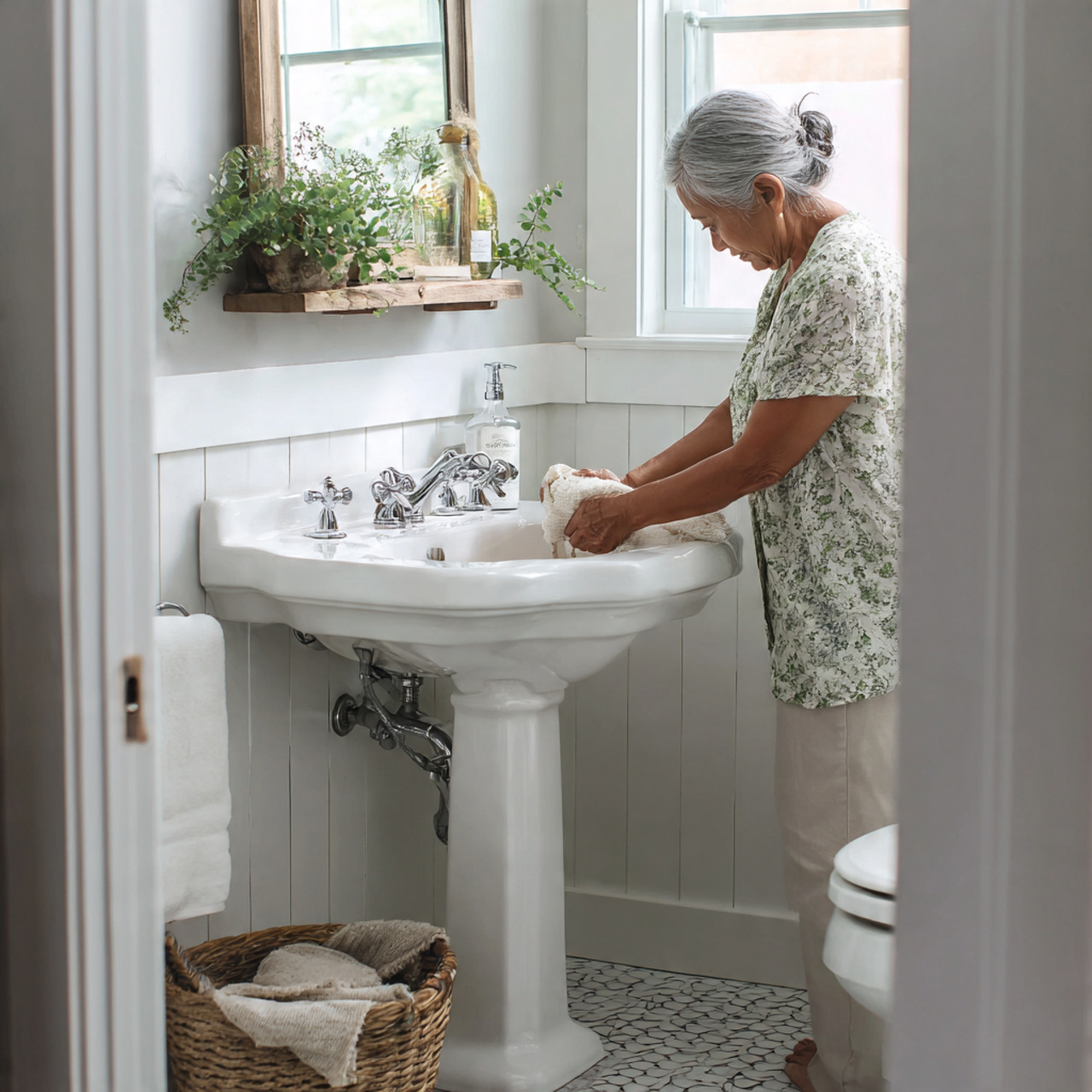 ultra realistic bright farmhouse powder room scene