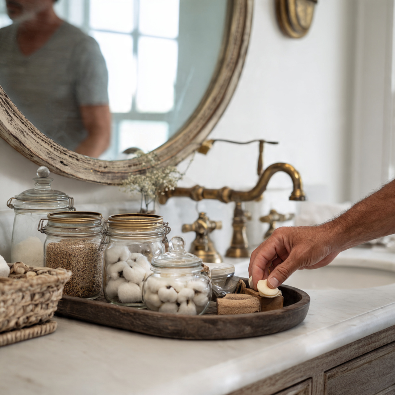 ultra realistic close up vanity scene of farmhouse