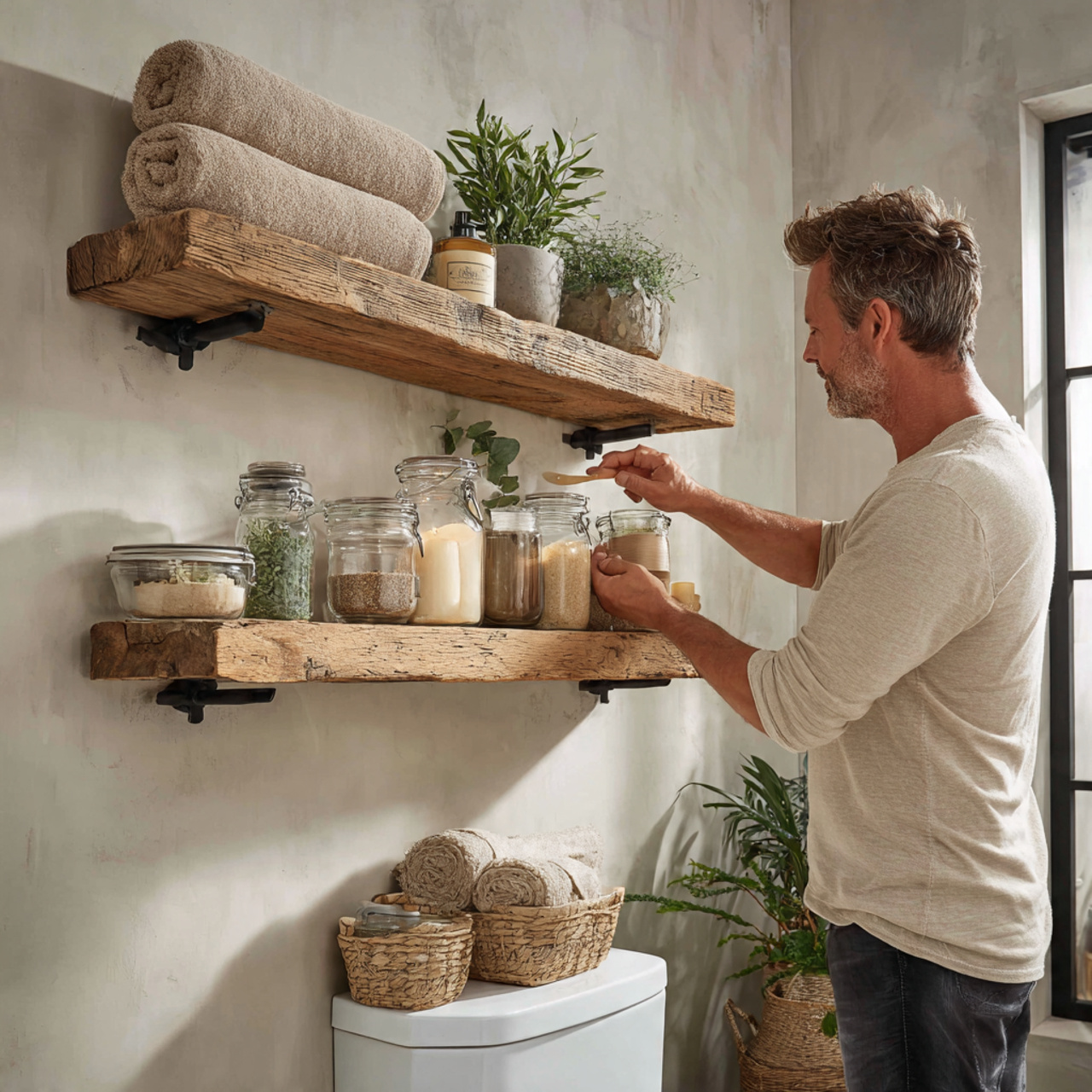 ultra realistic corner bathroom scene of farmhouse