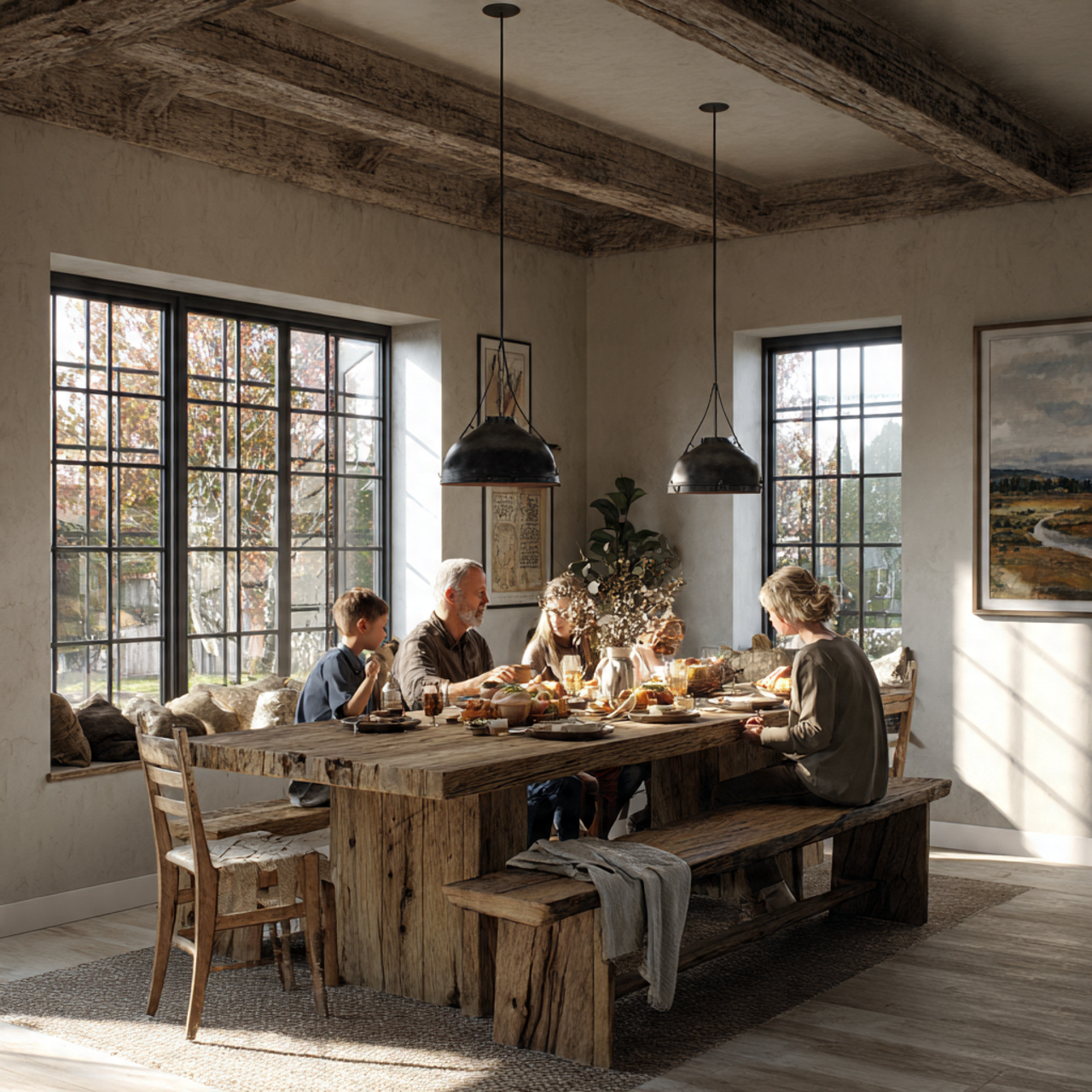 ultra realistic farmhouse dining room featuring a