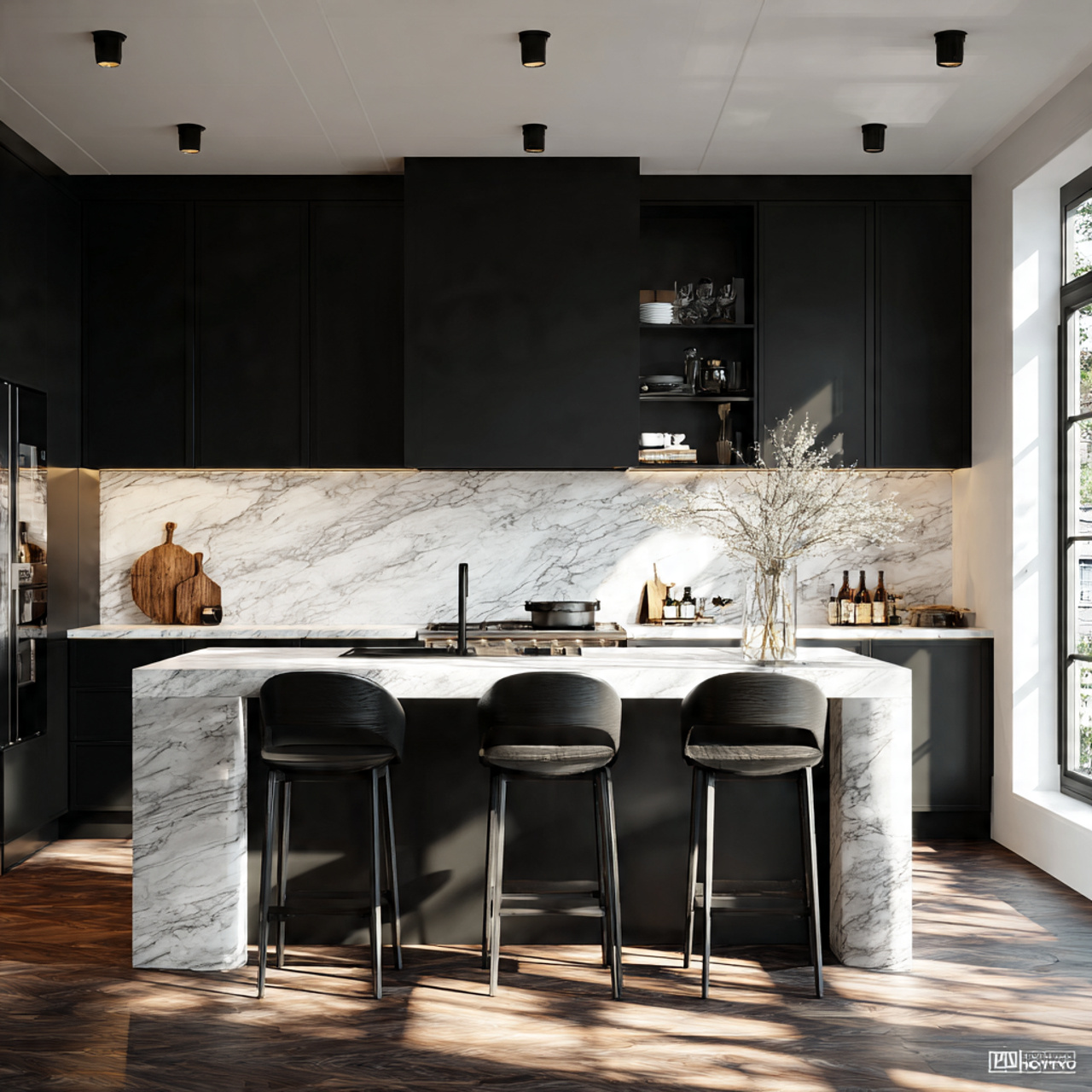 ultra realistic high contrast monochrome kitchen d