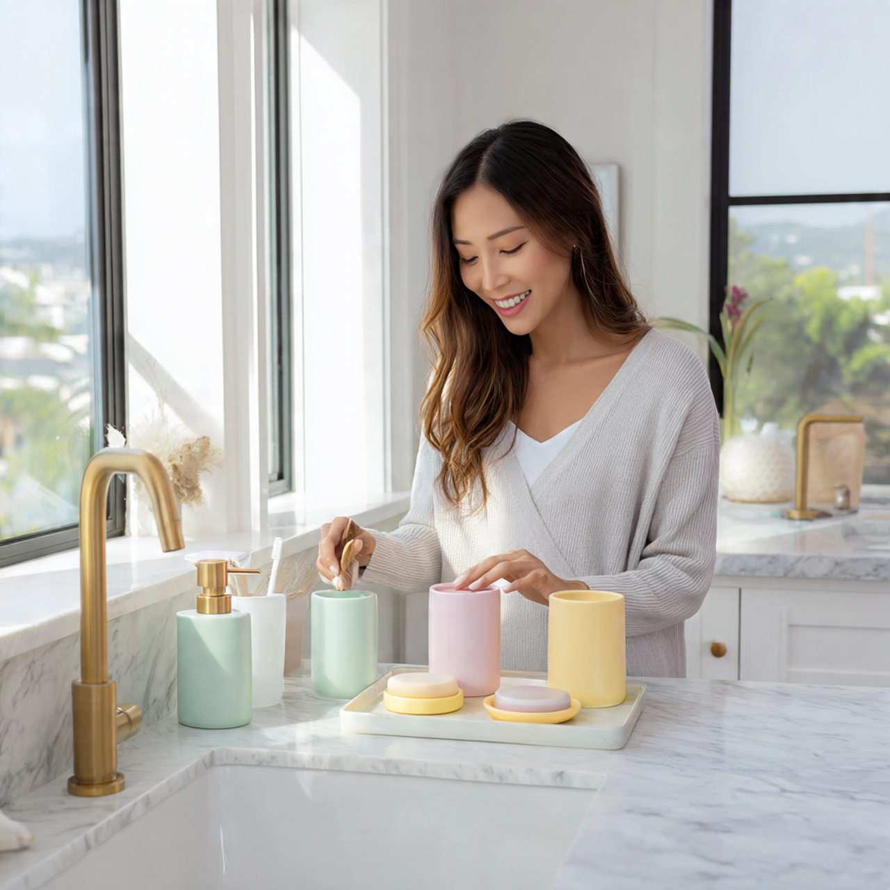 ultra realistic interior photo of cute bathroom de