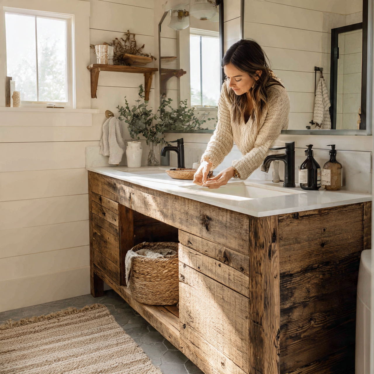 ultra realistic interior photo of farmhouse bathro