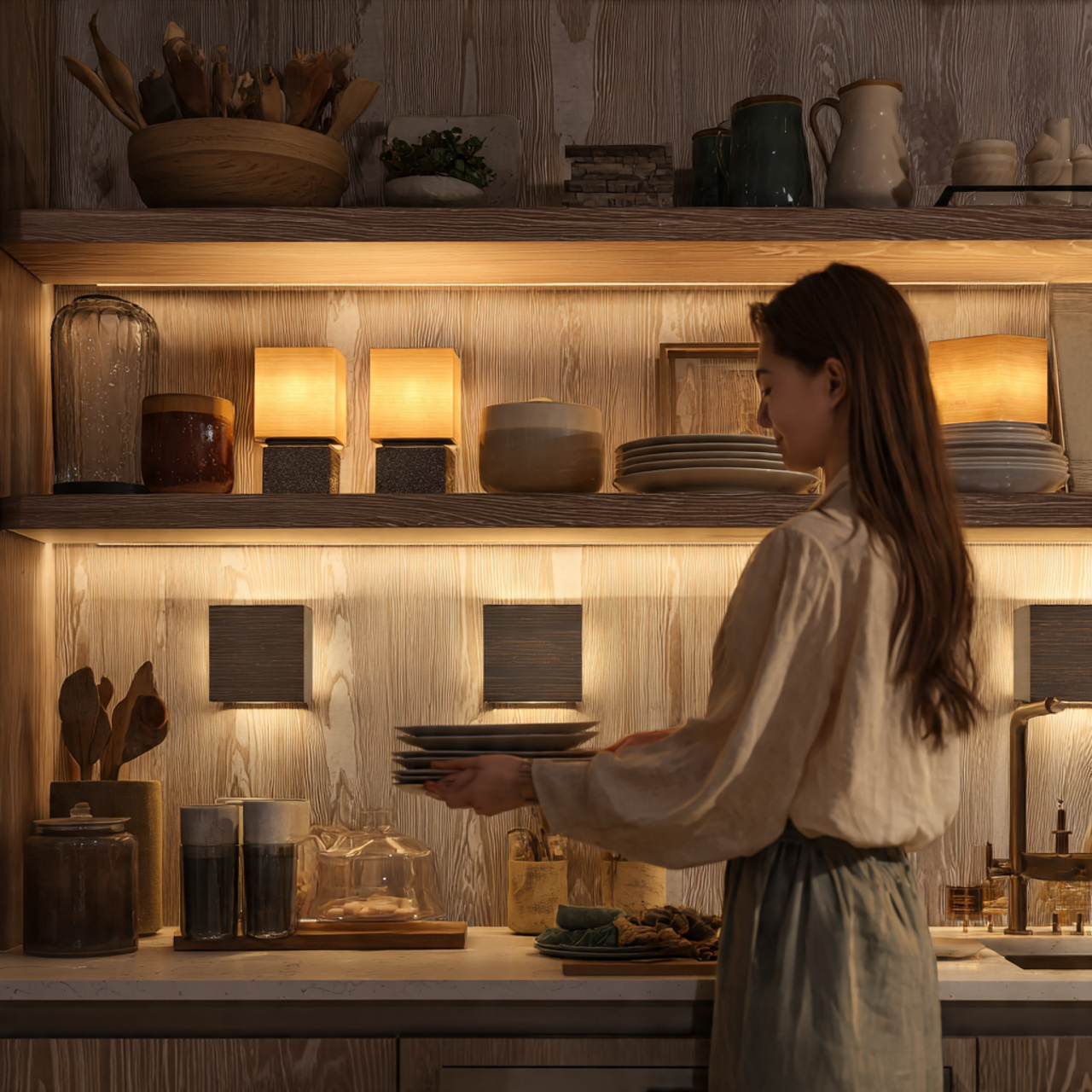 ultra realistic kitchen shelf featuring small lamp