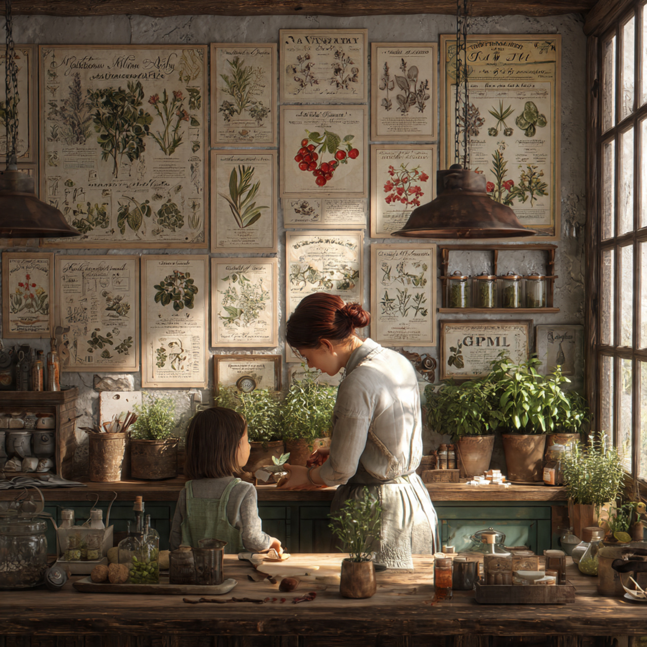 ultra realistic kitchen with vintage botanical wal