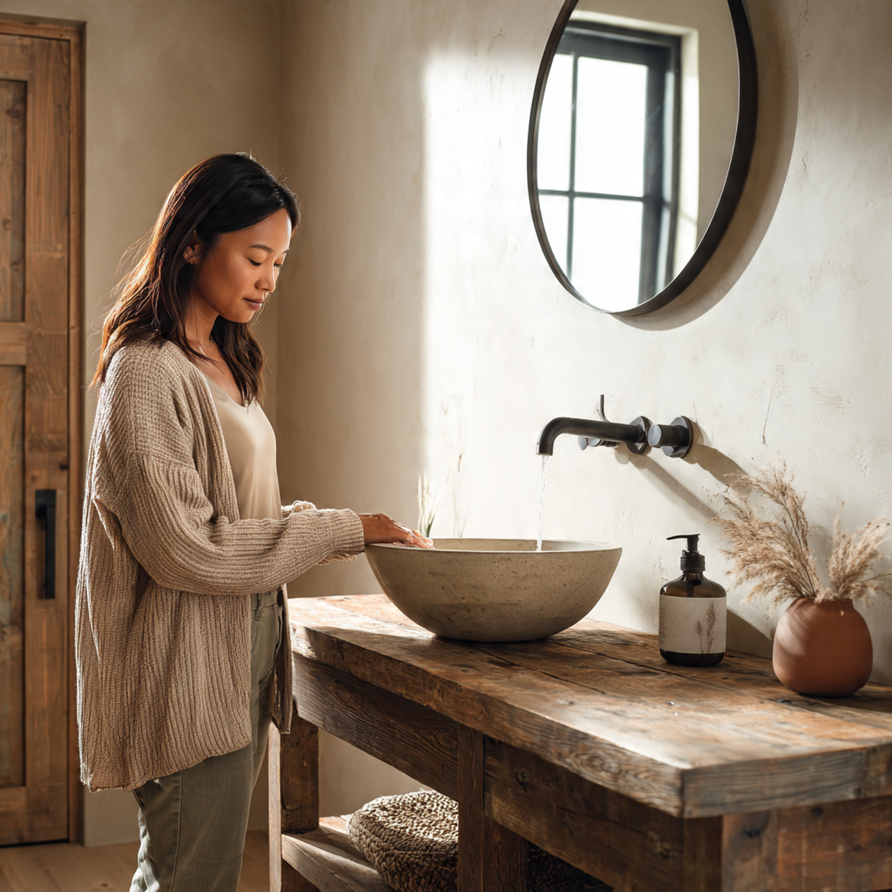 ultra realistic modern rustic bathroom scene of fa