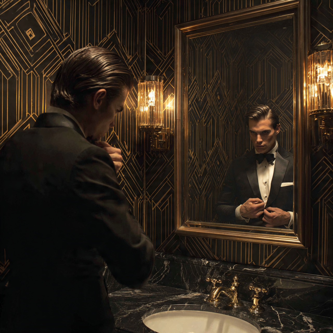 ultra realistic photo of art deco guest bathroom d