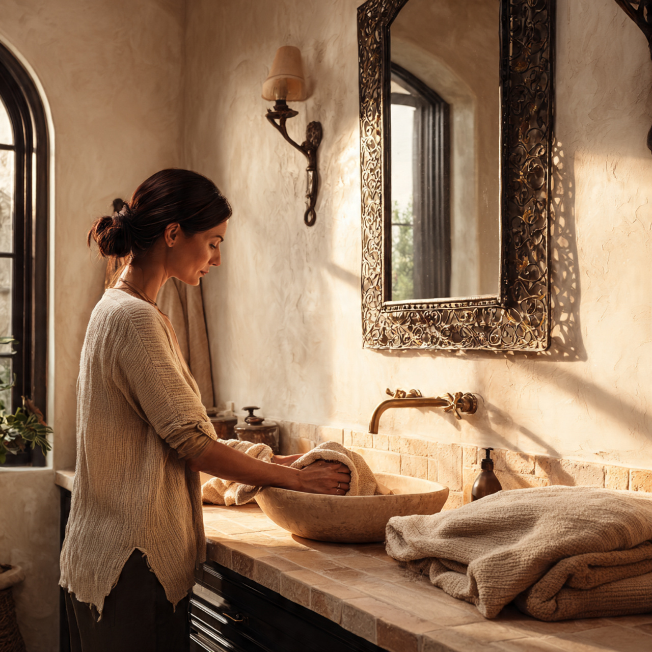 ultra realistic photo of earthy terracotta guest b