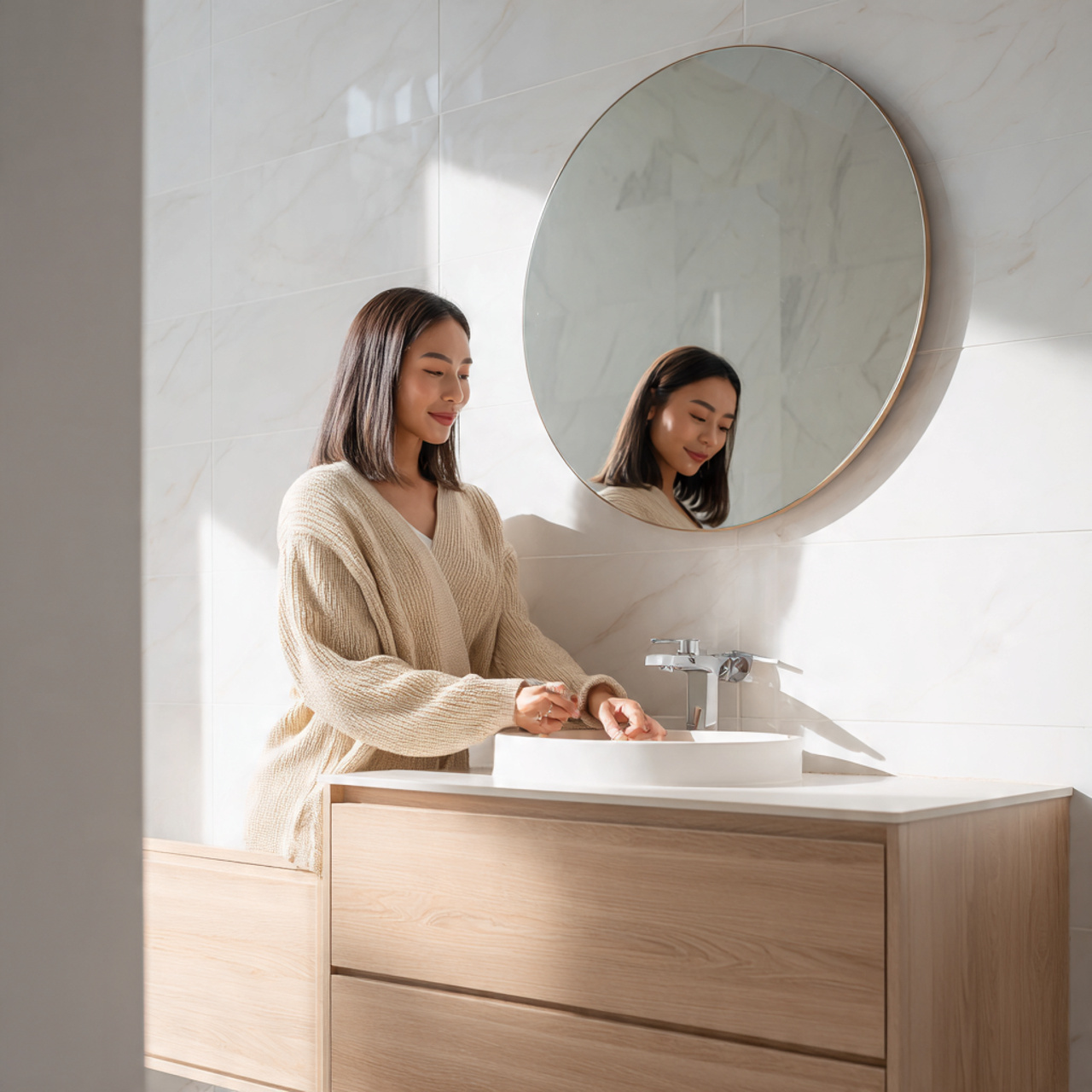 ultra realistic photo of floating oak vanity guest