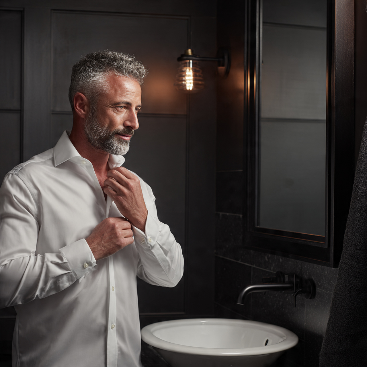 ultra realistic photo of moody charcoal wall guest