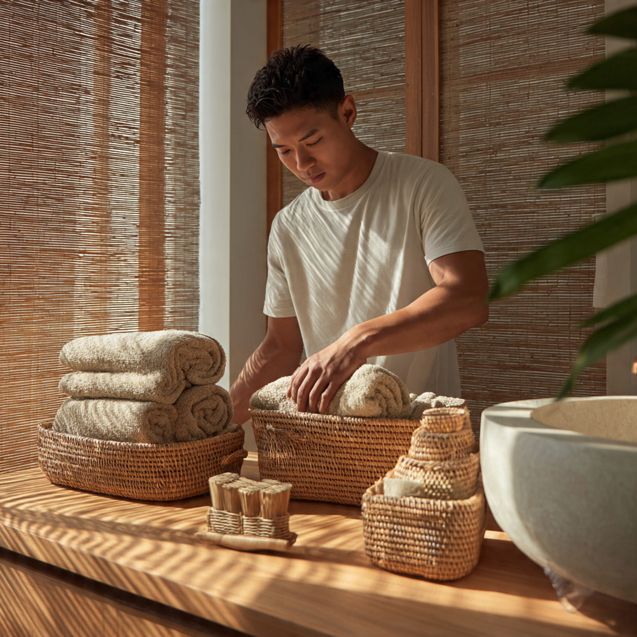 ultra realistic photo of natural bamboo guest bath