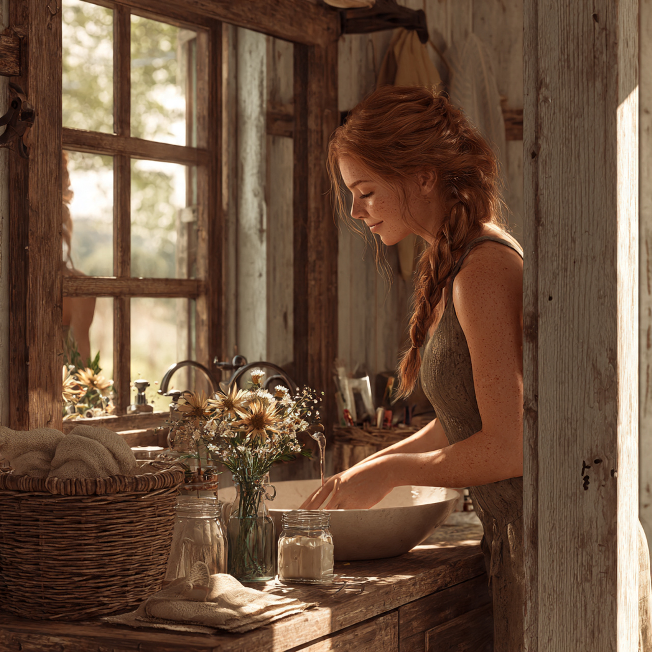 ultra realistic photo of rustic farmhouse guest ba