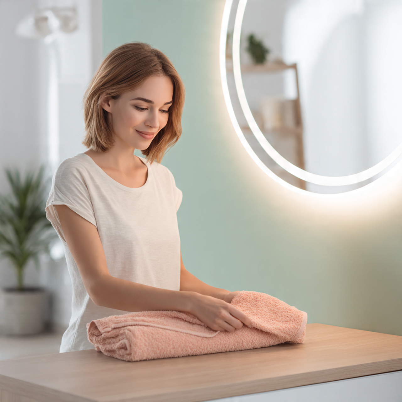 ultra realistic photo of soft pastel guest bathroo