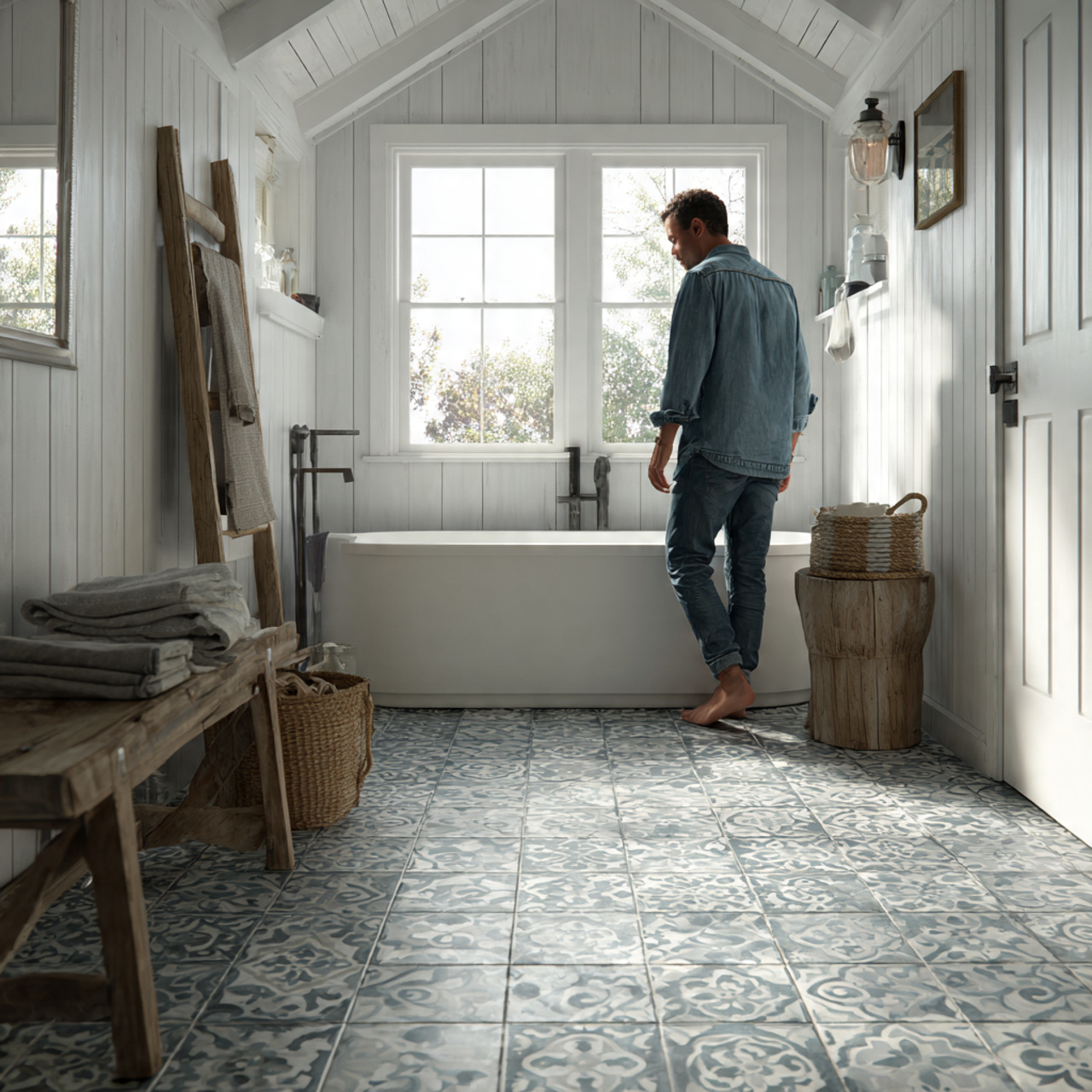 ultra realistic wide angle bathroom shot of farmho