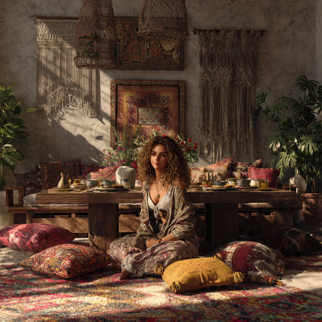 ultra realistic bohemian dining room showcasing dining room