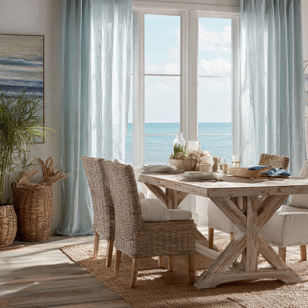 ultra realistic coastal dining room featuring dining room