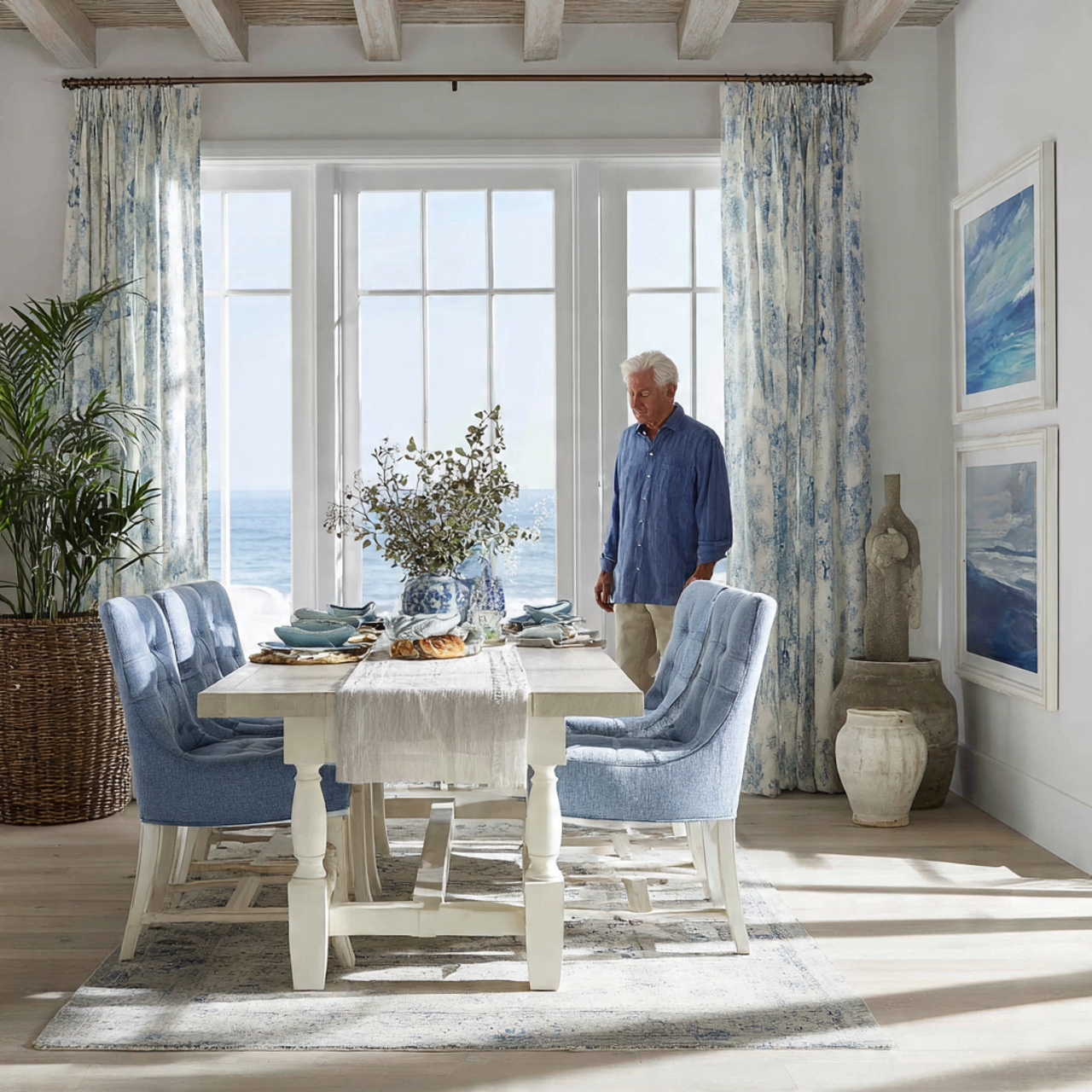 ultra realistic coastal interior photo of dining room
