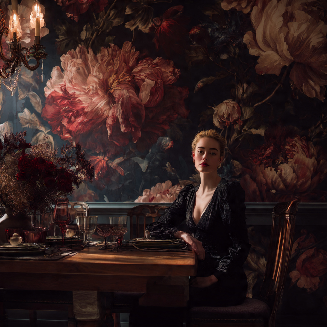 ultra realistic dramatic dining room featuring dining room