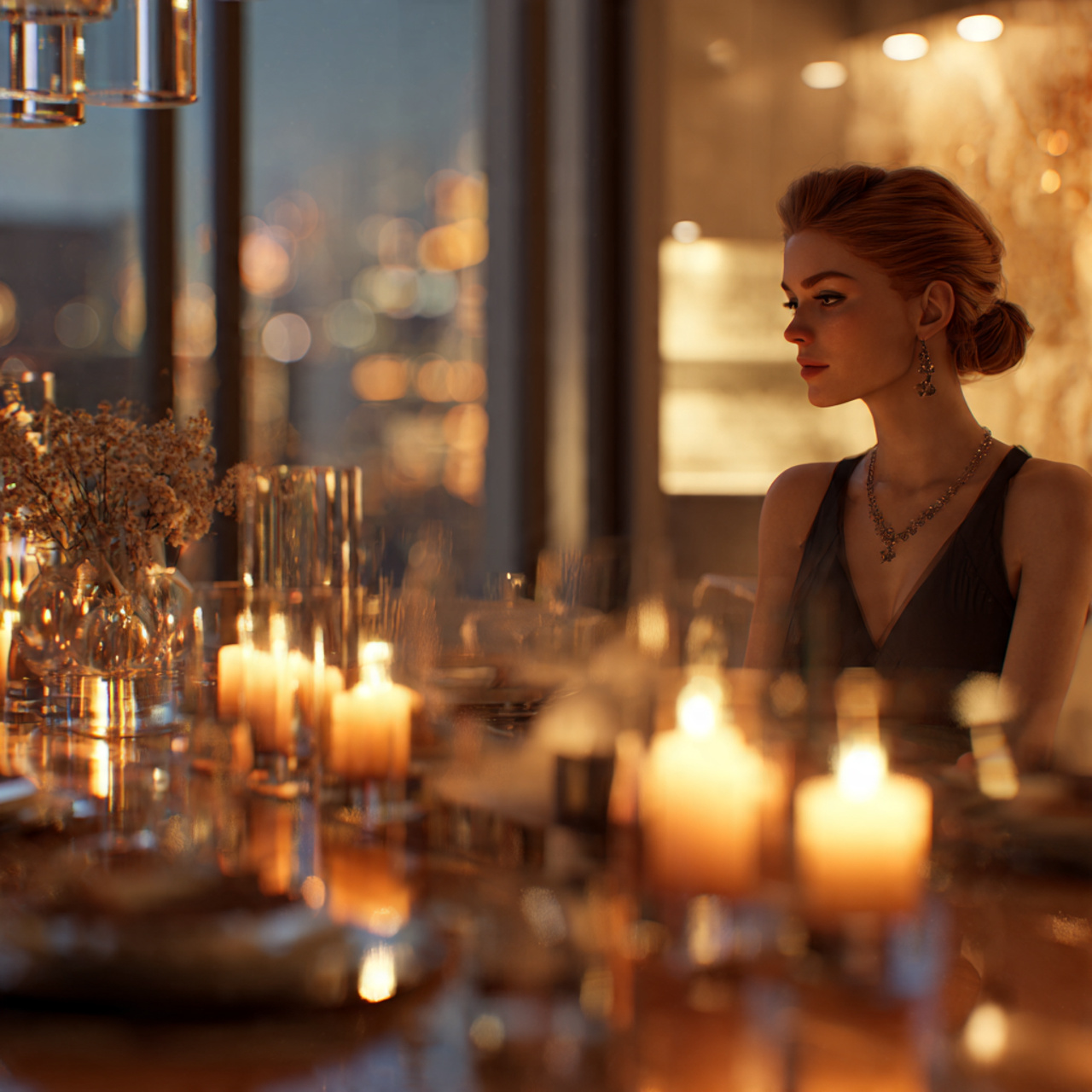 ultra realistic evening dining room scene showcasing dining