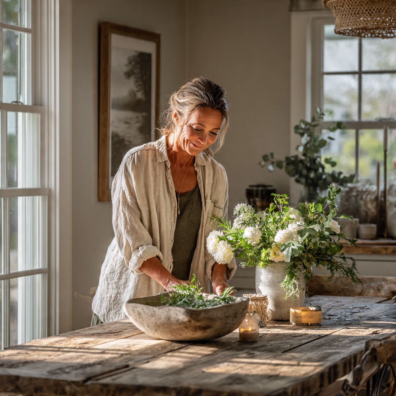 ultra realistic farmhouse style dining room displaying dining room