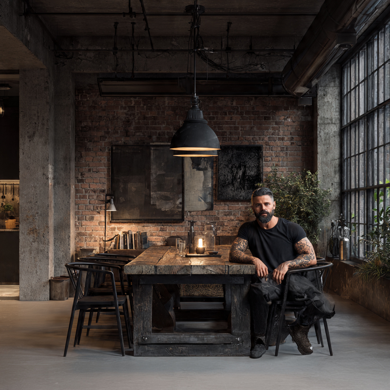 ultra realistic industrial loft interior of dining room