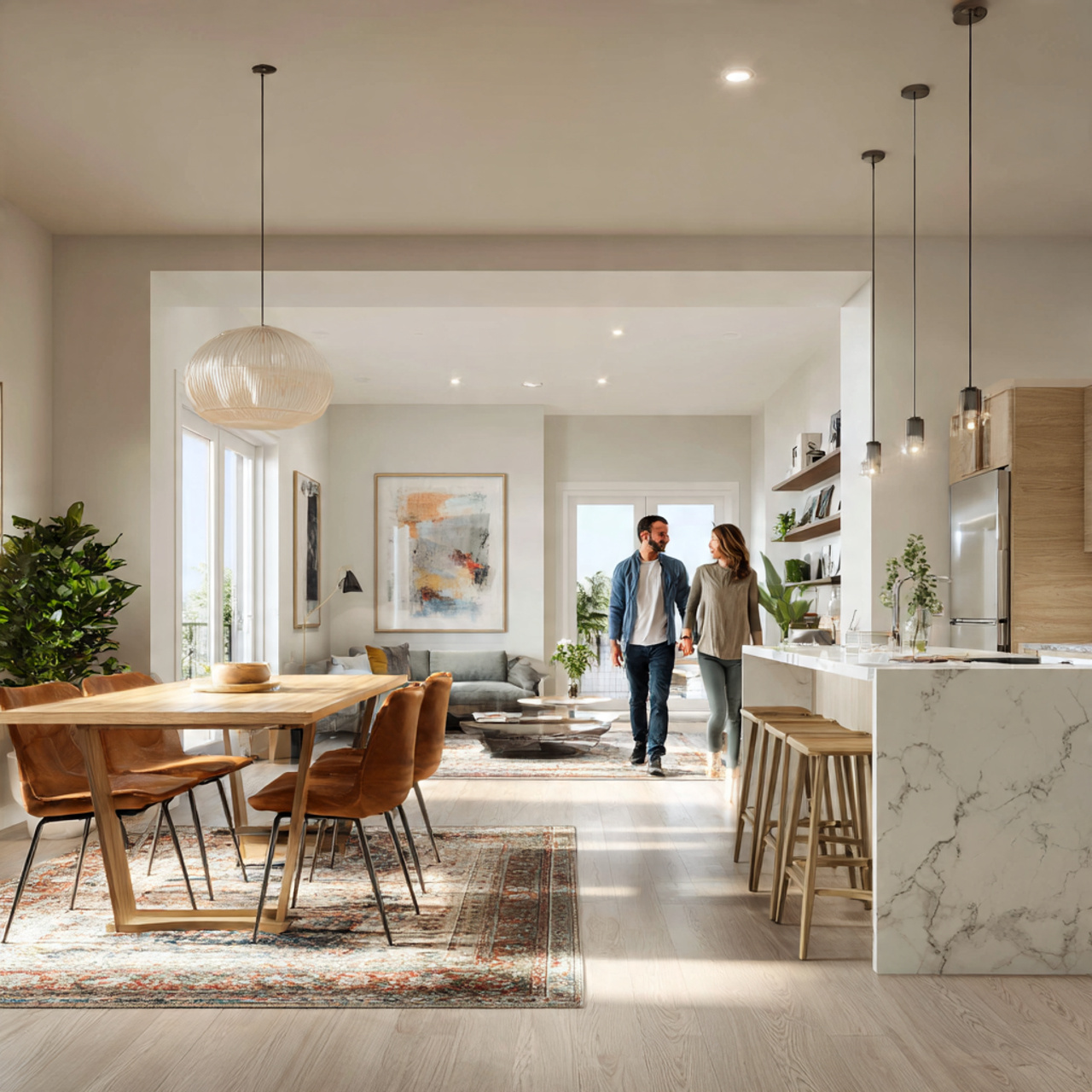 ultra realistic open plan interior displaying dining room decor