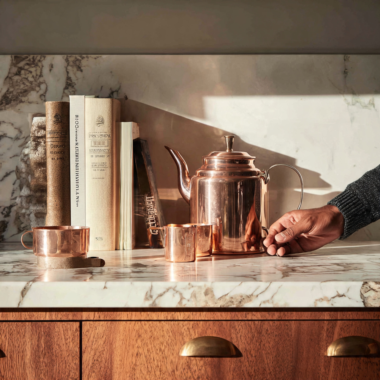 warm realistic kitchen featuring copper kettle and