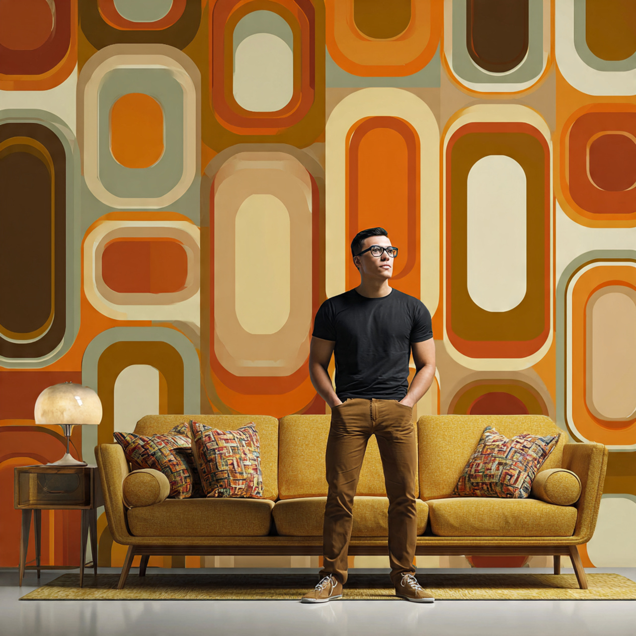 70s living room ideas with bold geometric wallpape