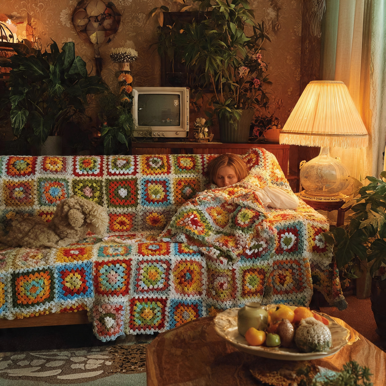 70s living room ideas with crochet throw blanket a