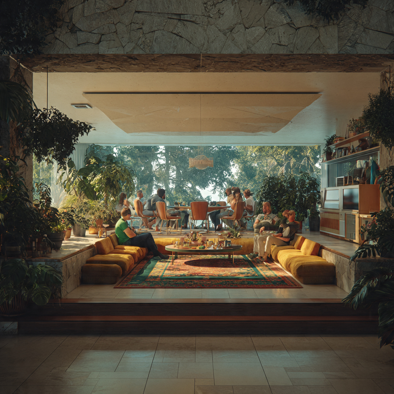 70s living room ideas with open plan sunken lounge