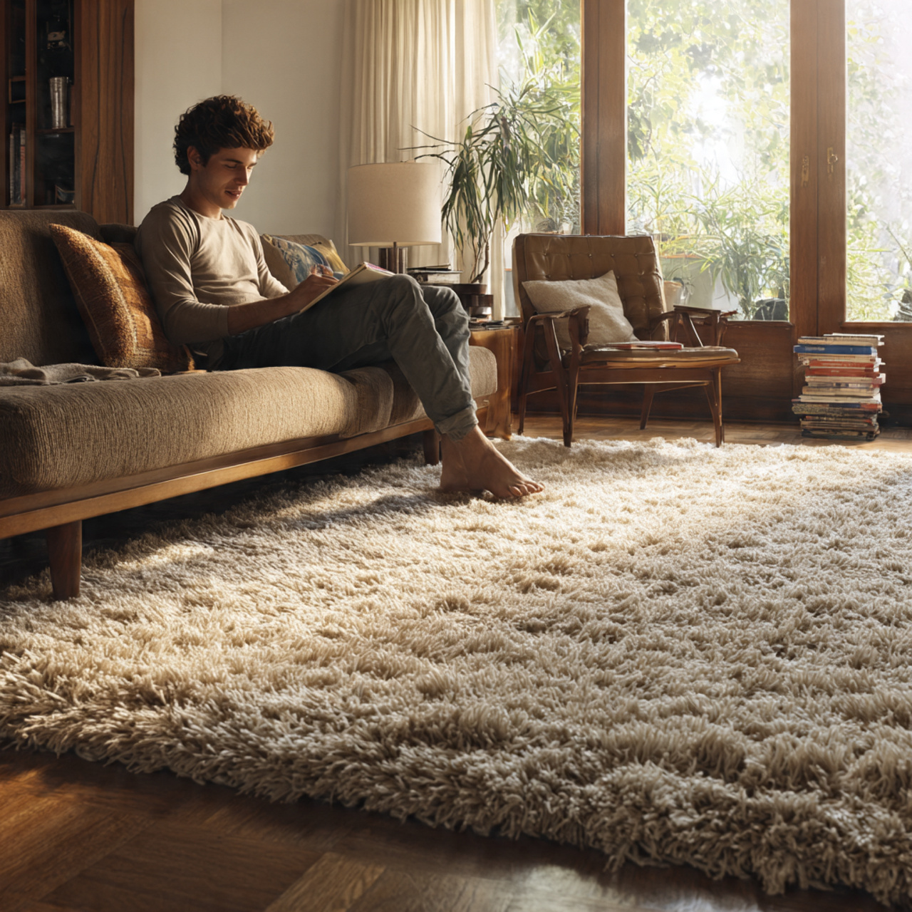70s living room ideas with shag rug texture layers