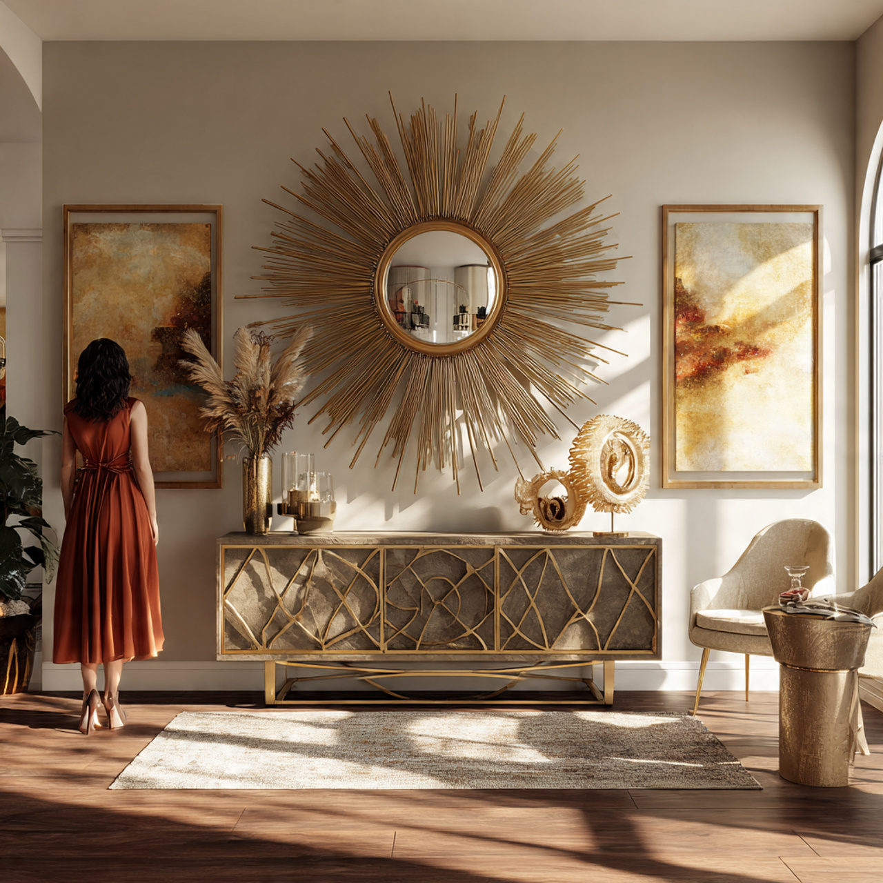 70s living room ideas with sunburst mirror focal p