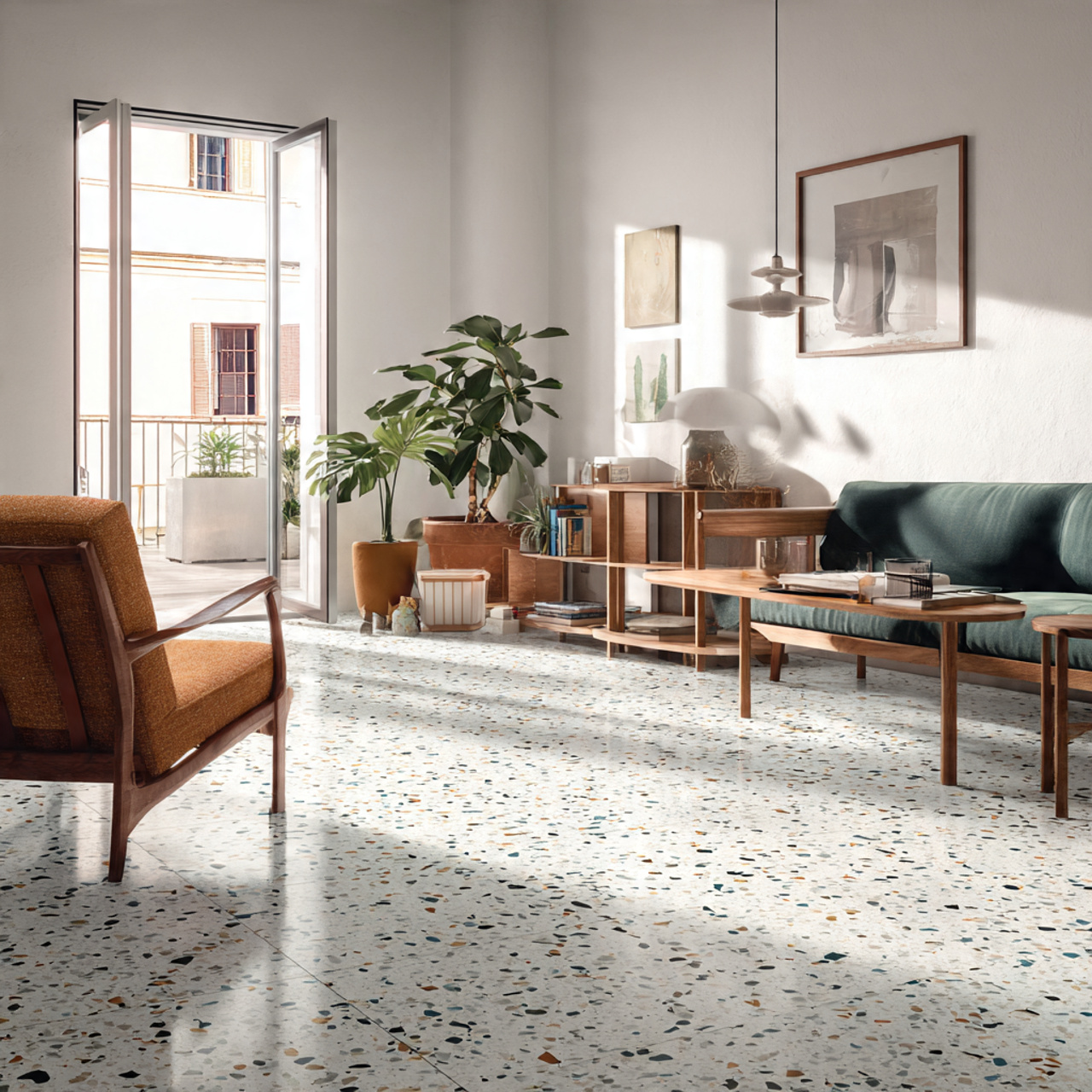 70s living room ideas with terrazzo tile flooring