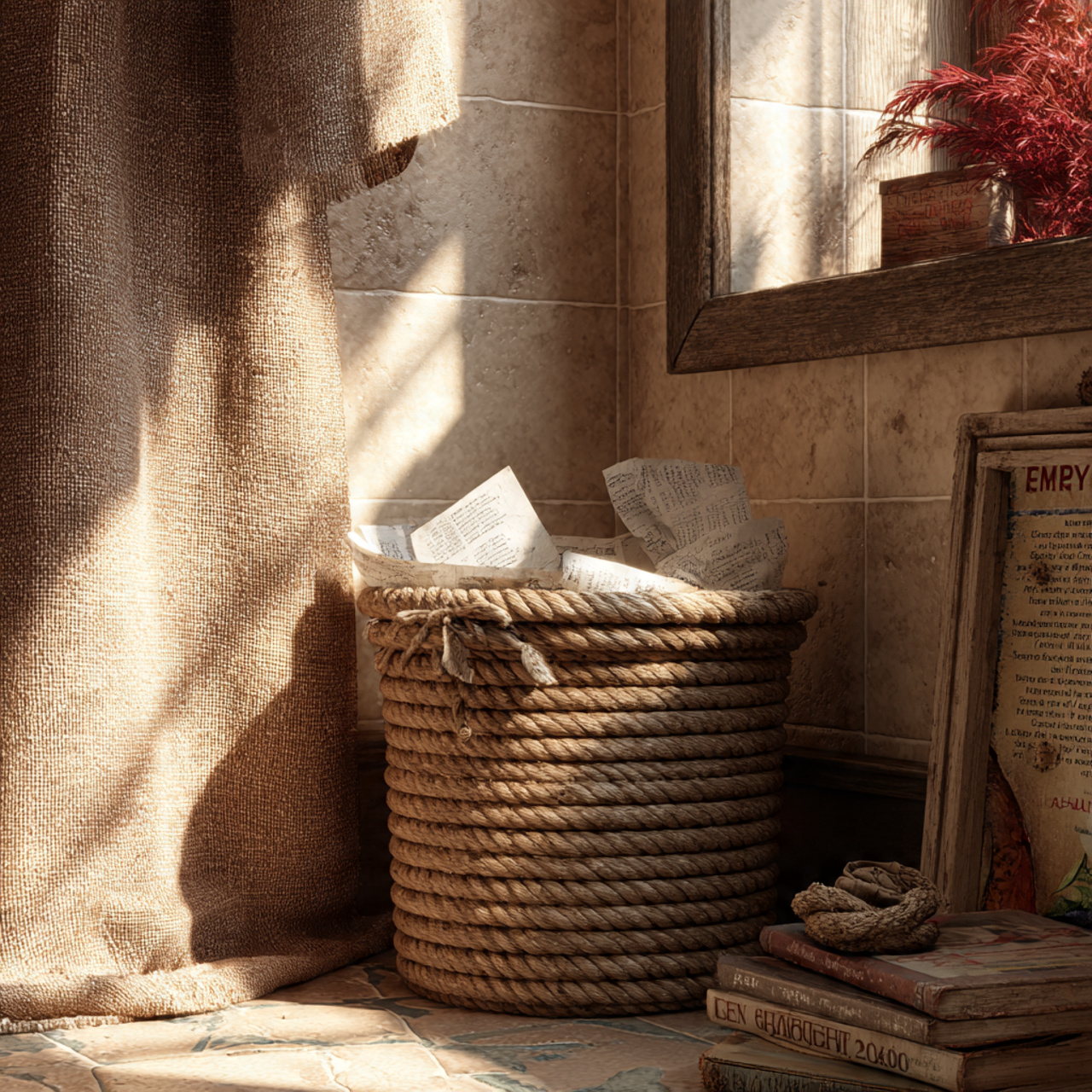 a bathroom corner with a rope wrapped wastebasket